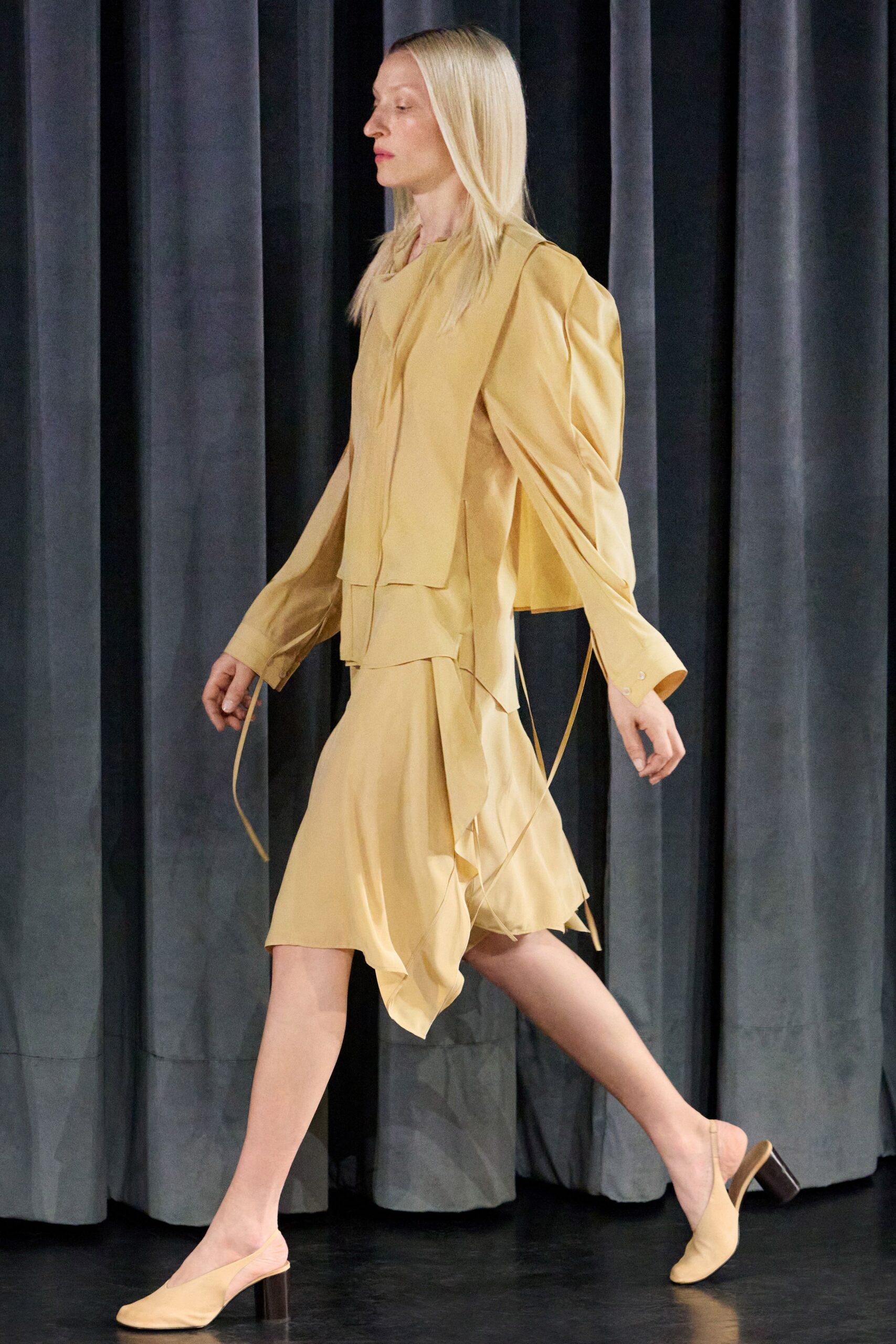yellow silk long-sleeve collared fitted draped midi dress