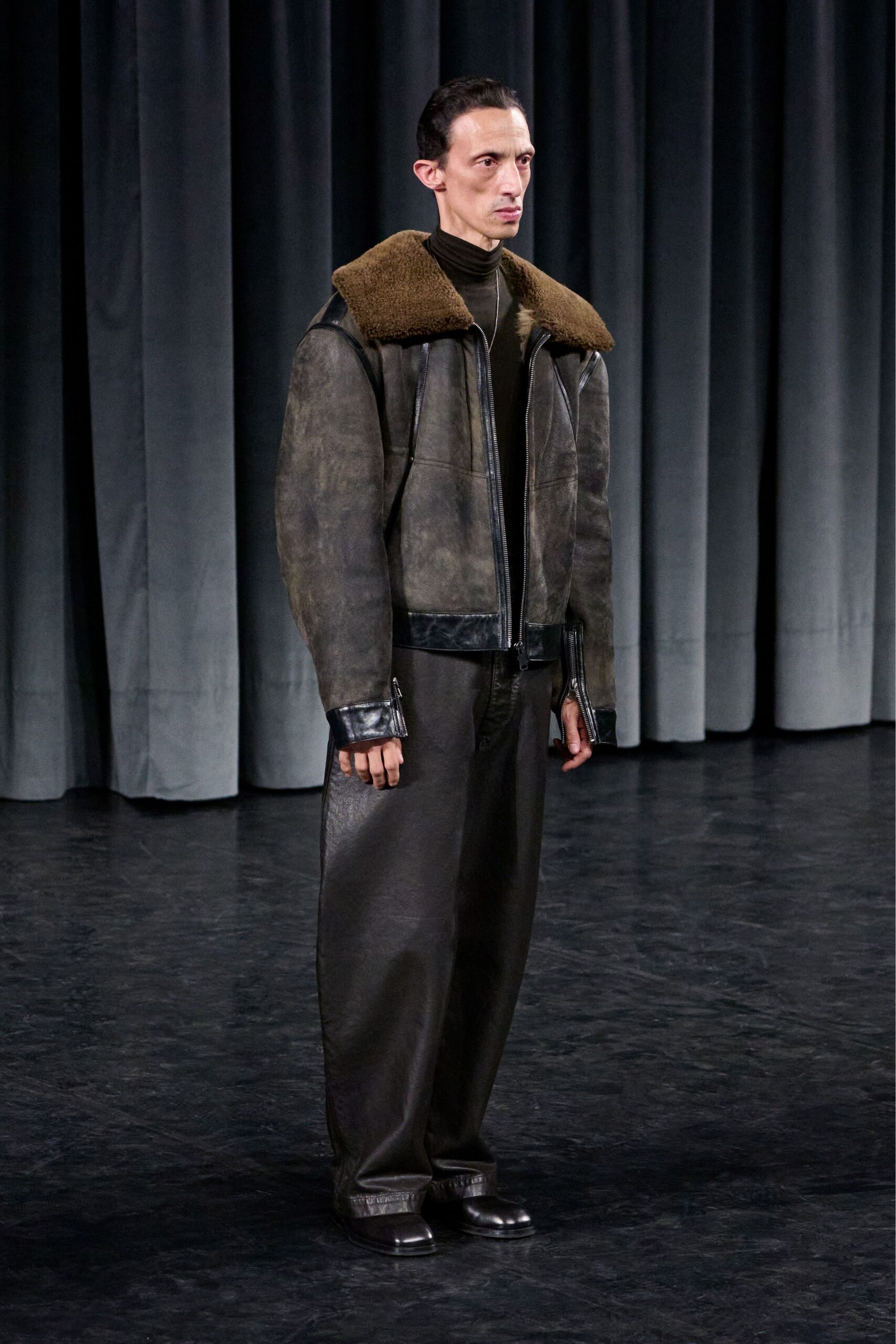 brown leather long-sleeve collared relaxed zippered jacket