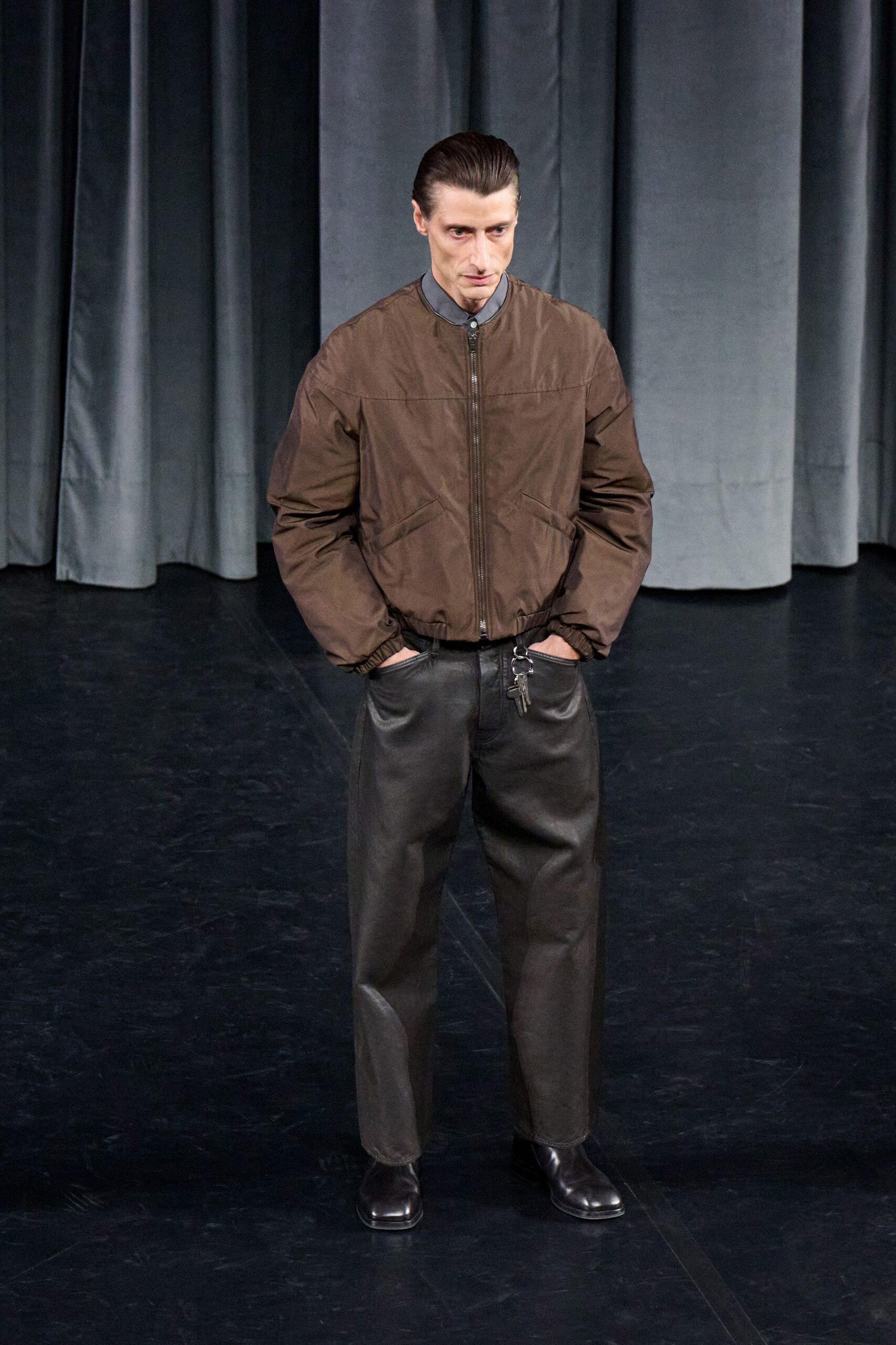 brown leather long-sleeve collared relaxed jacket