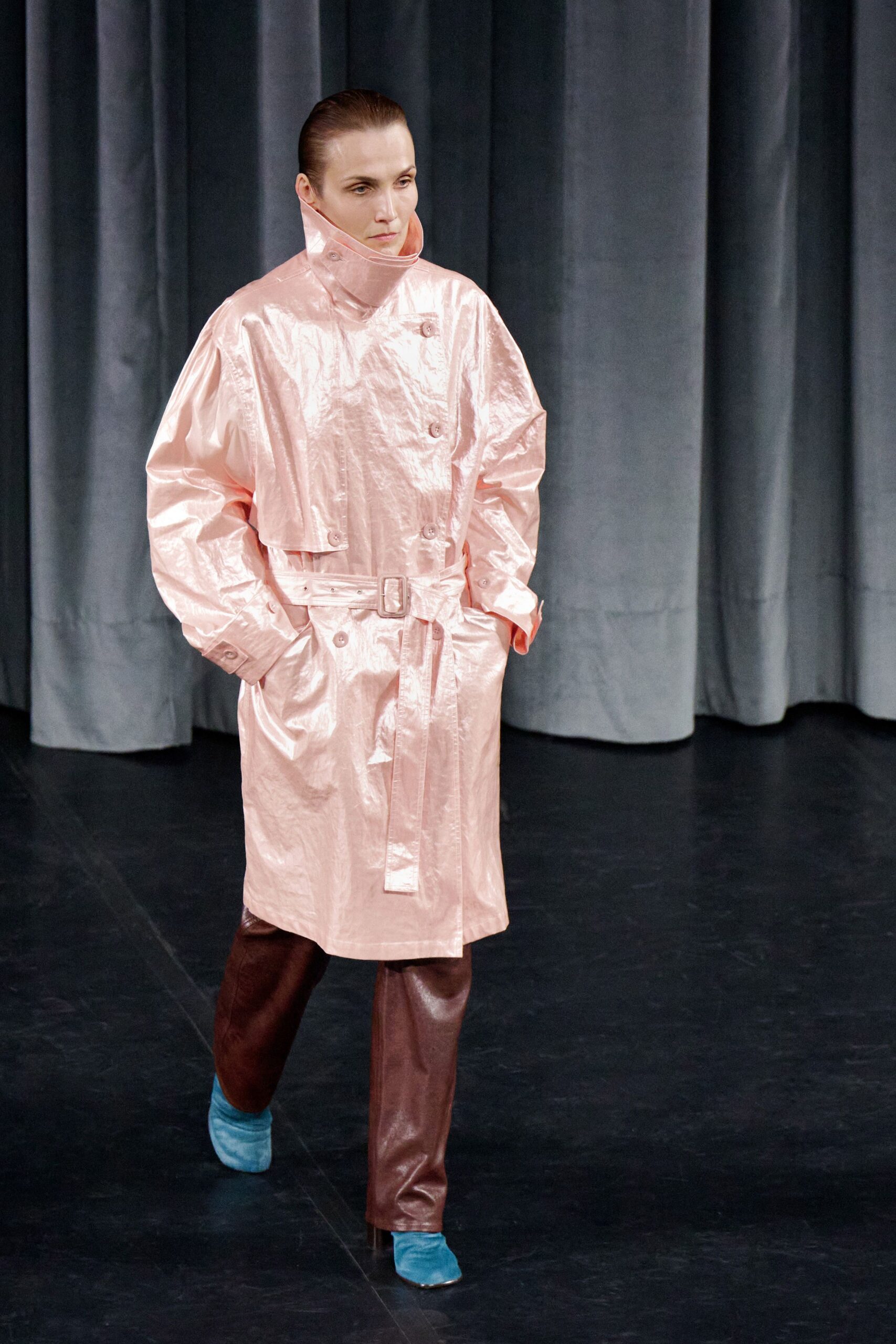 pink vinyl long-sleeve collared oversized belted shiny coat