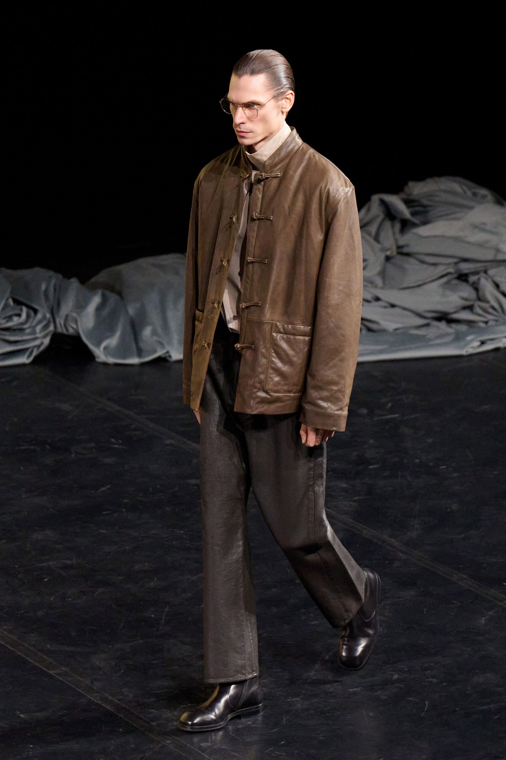 brown leather long-sleeve collared relaxed jacket