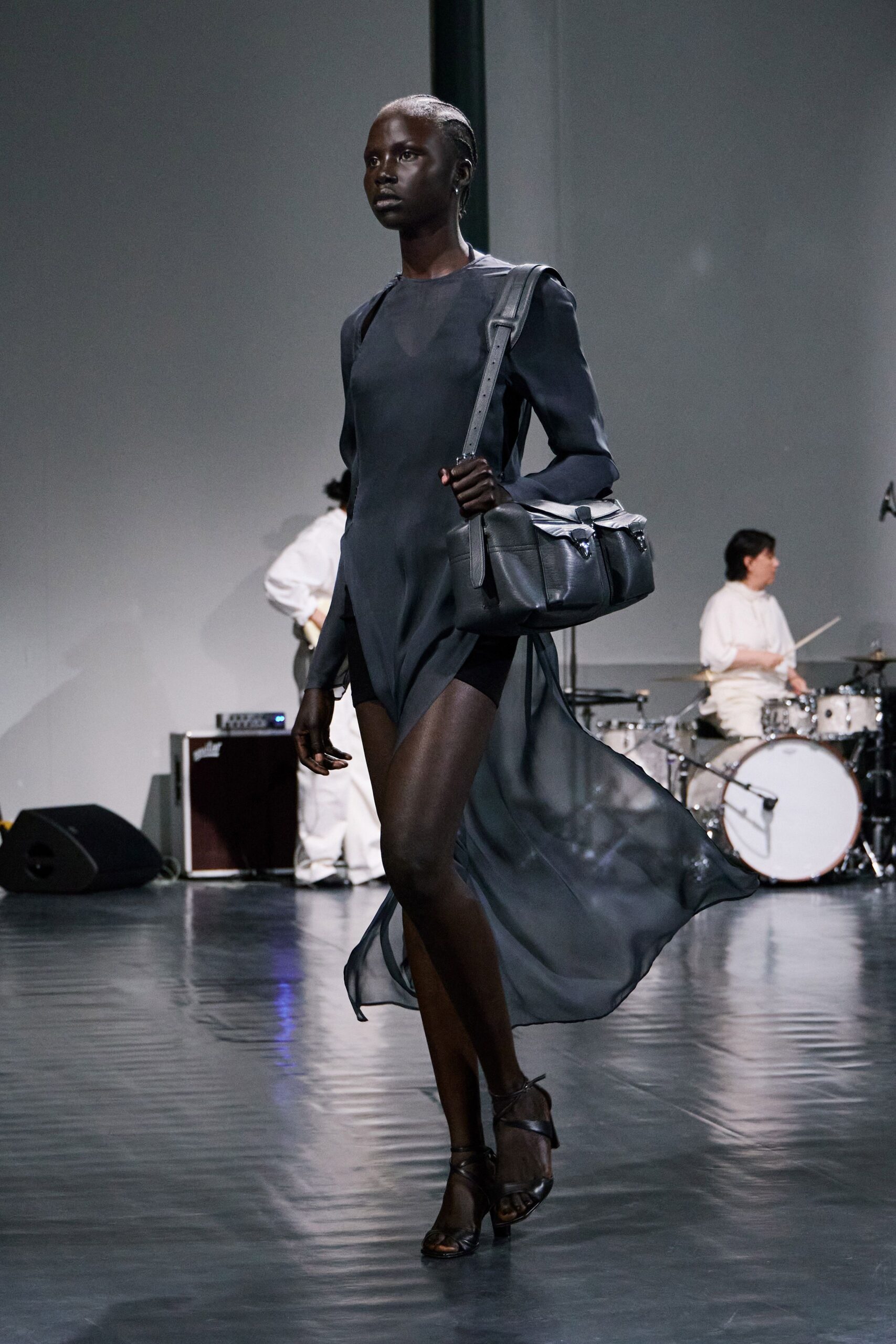 black silk long-sleeve v-neck fitted draped flowing dress