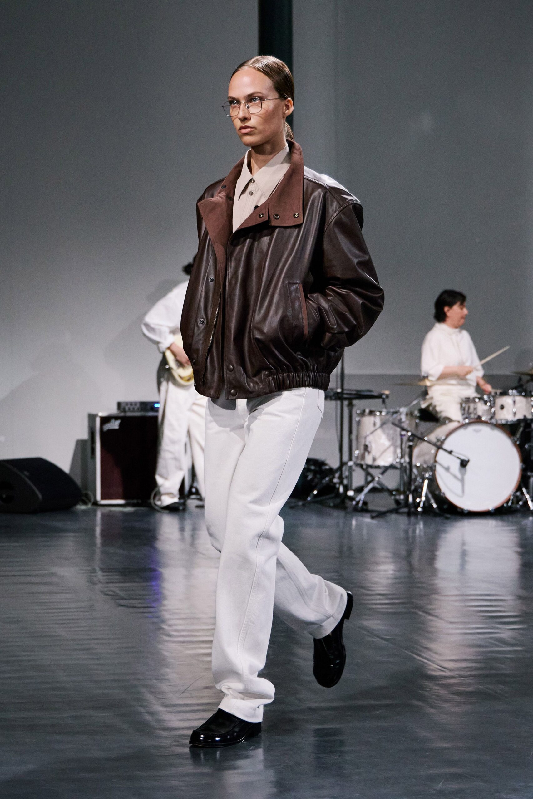 brown leather long-sleeve collared relaxed jacket