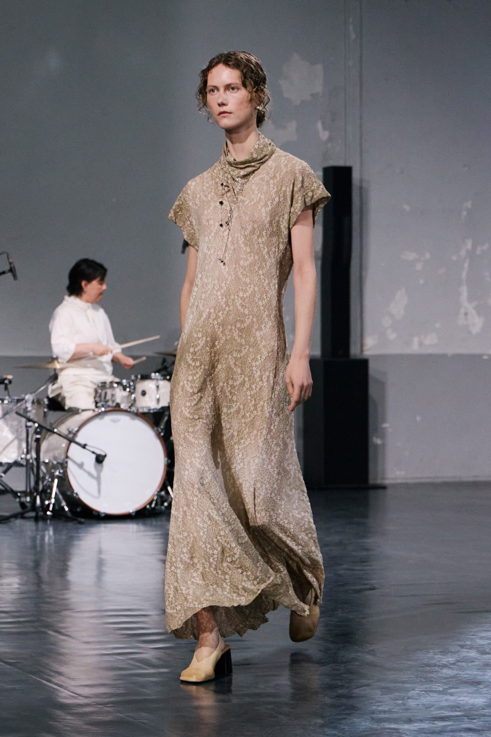 beige silk short-sleeve collared relaxed draped flowing dress