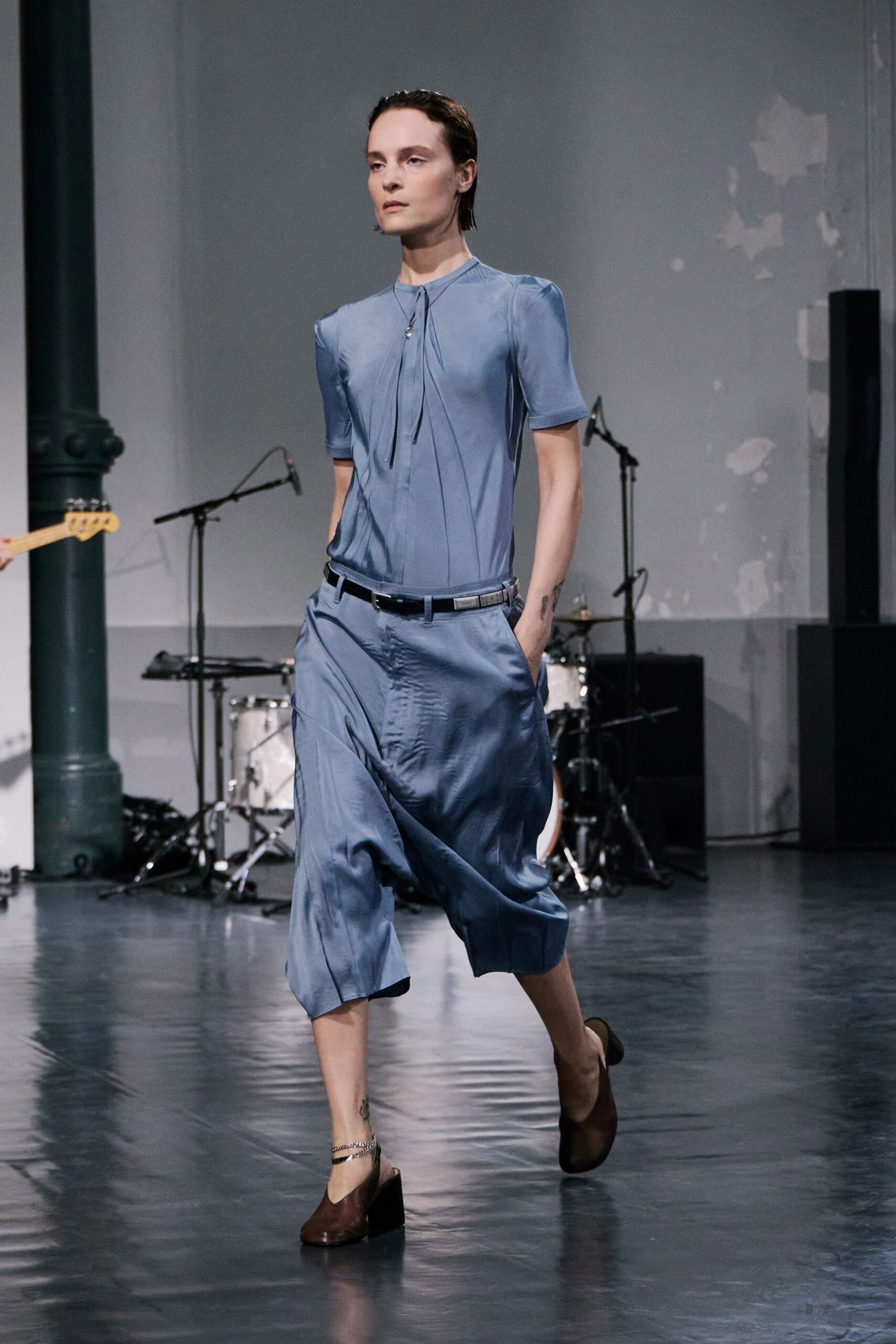 blue silk short-sleeve v-neck relaxed pleated midi dress