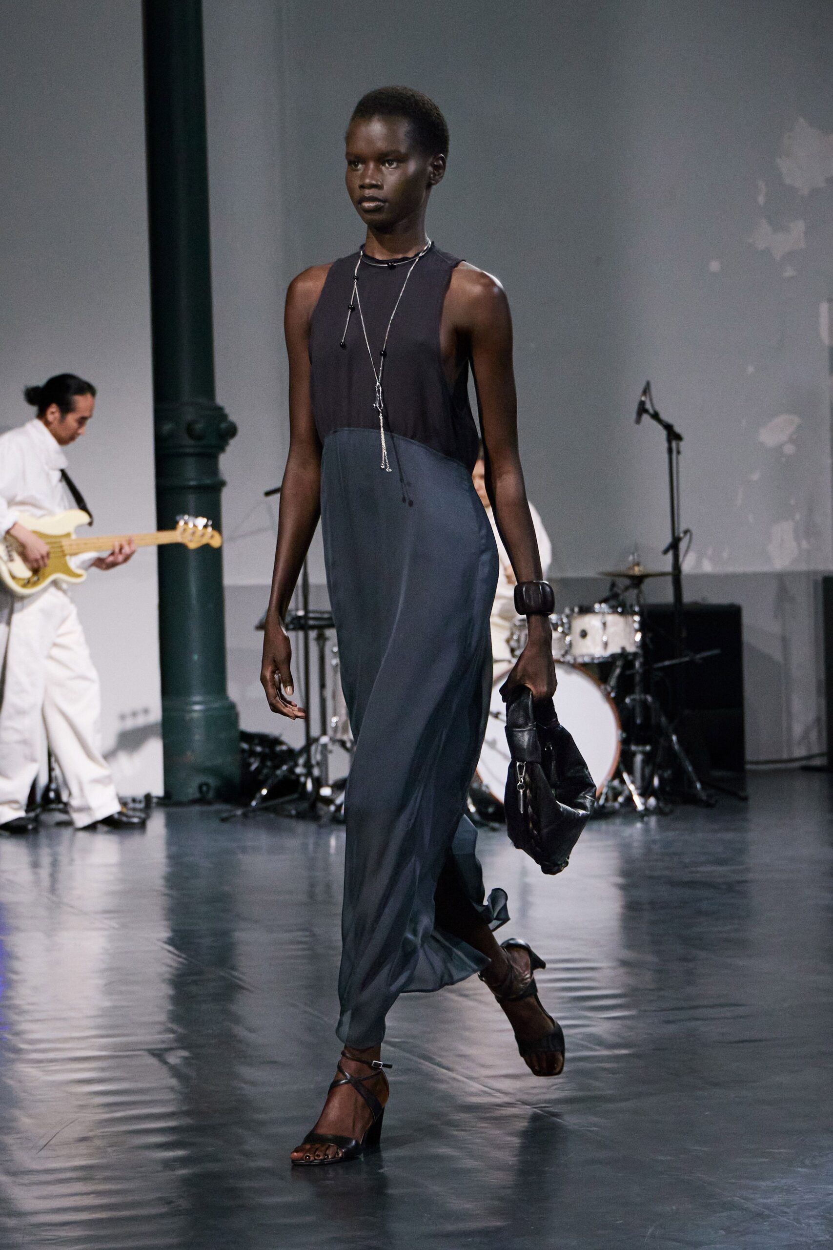 black silk sleeveless v-neck fitted draped flowing dress
