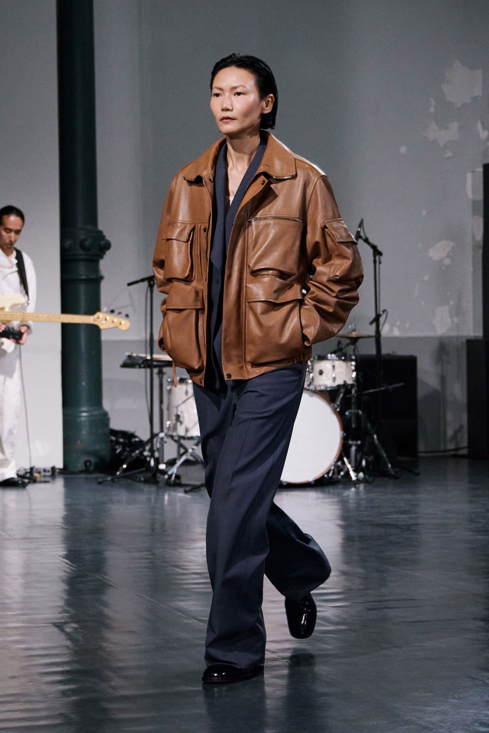 brown leather long-sleeve relaxed zippered jacket