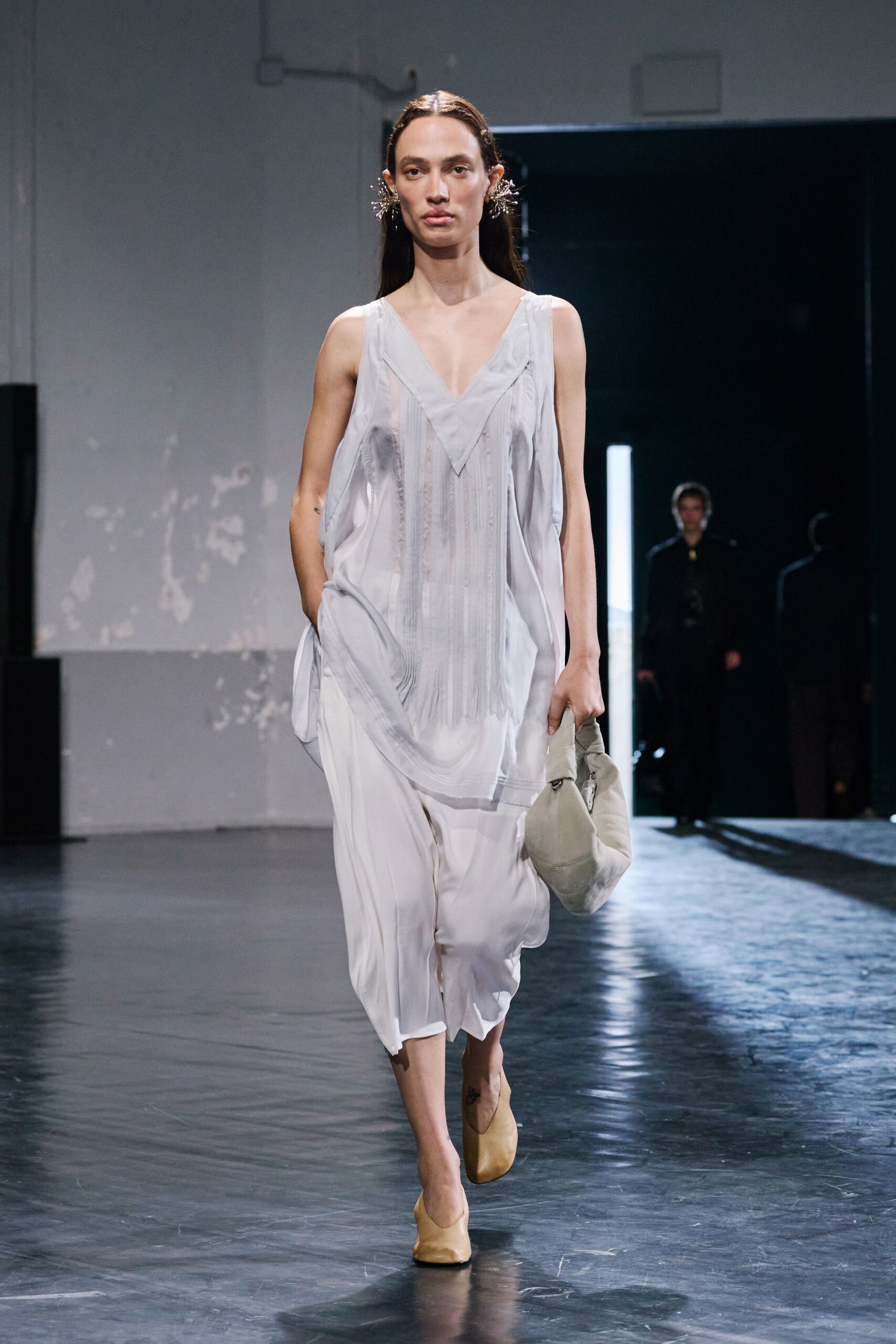 white silk sleeveless v-neck relaxed pleated flowing dress