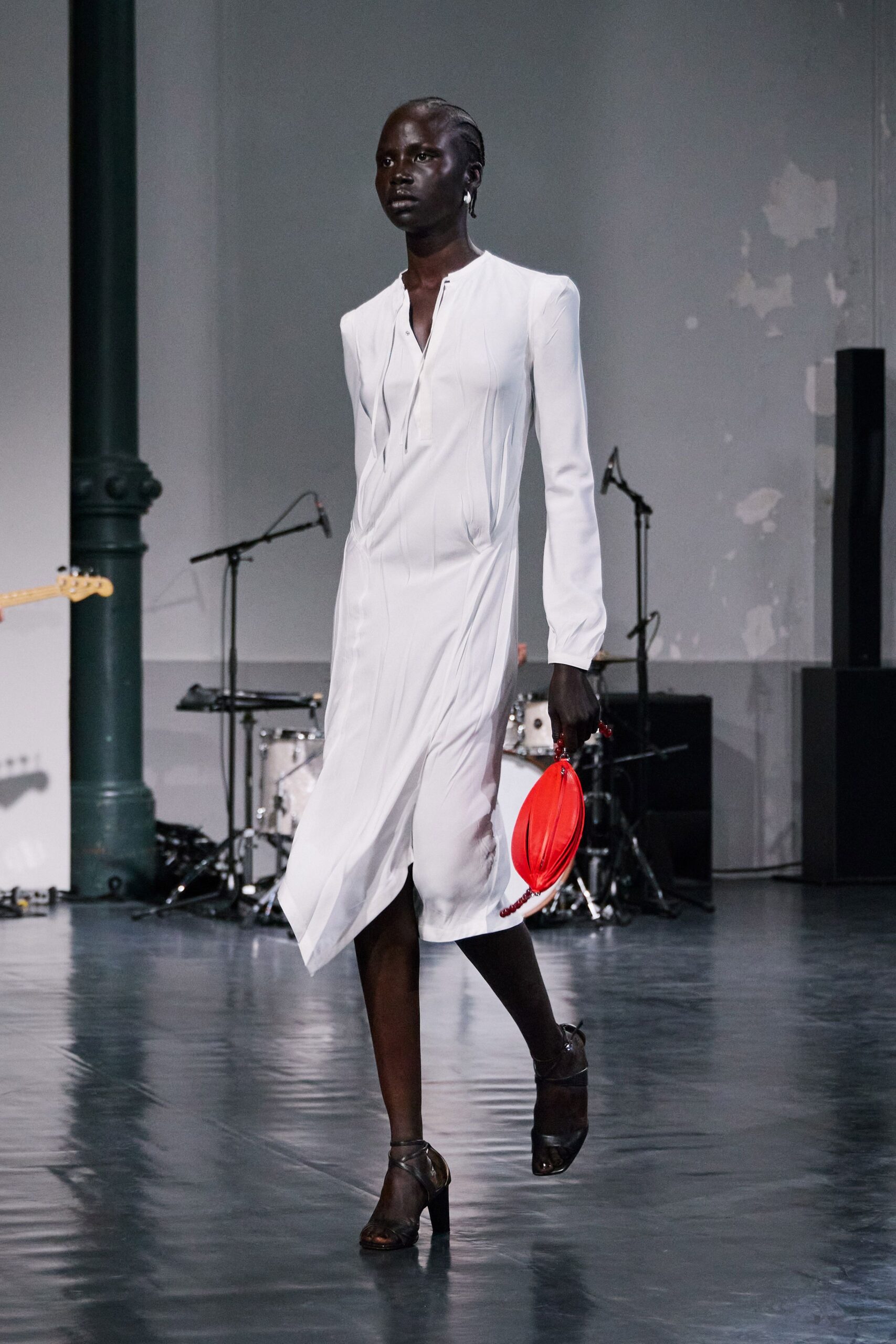white cotton long-sleeve collared fitted pleated midi shirt-dress