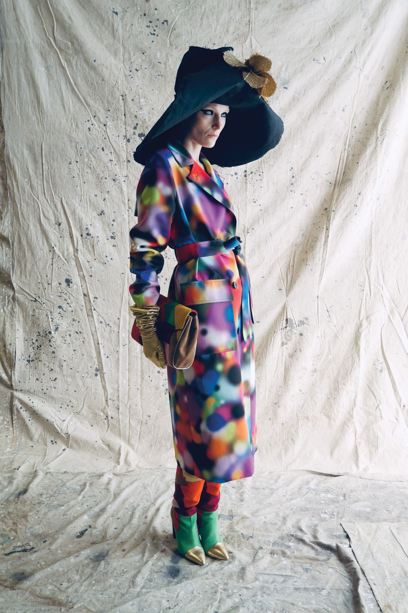 multi silk long-sleeve collared fitted belted layered coat