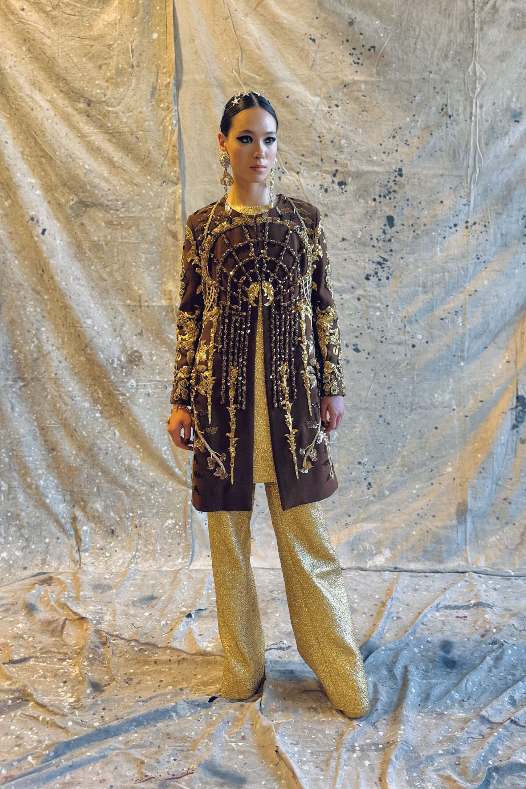 brown silk long-sleeve collared fitted embroidered coat