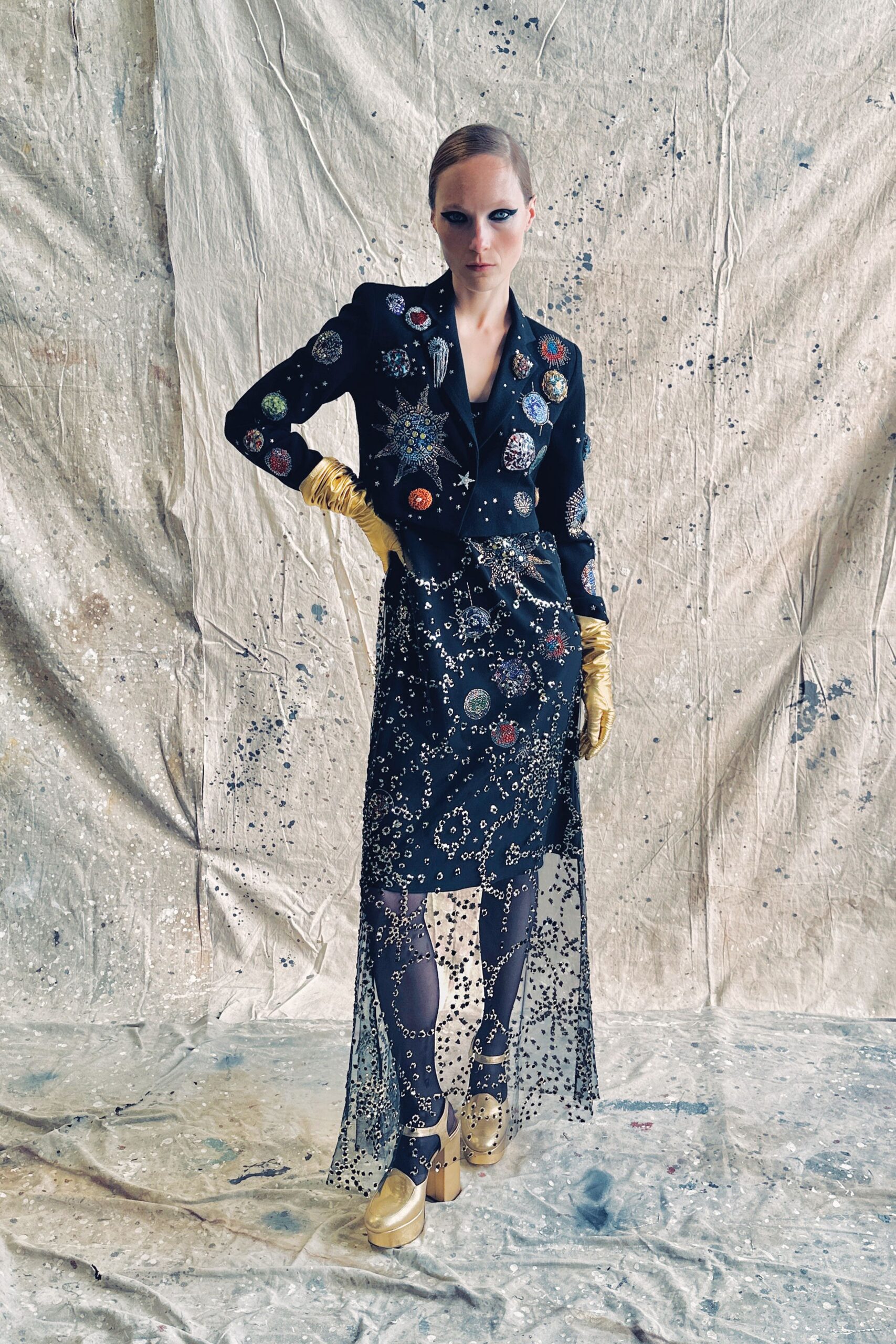 black cotton long-sleeve collared structured embroidered blazer