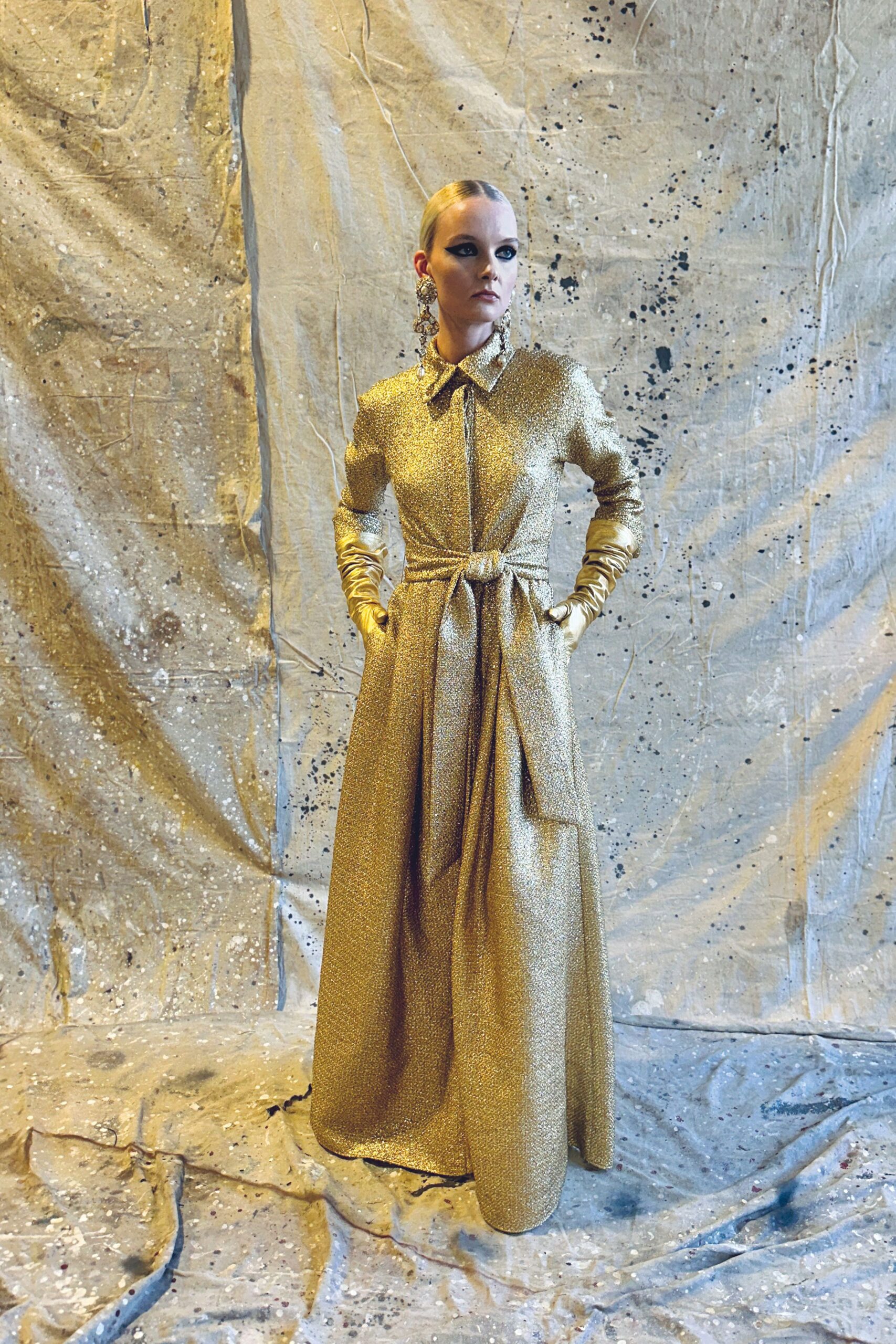 gold silk long-sleeve belted dress