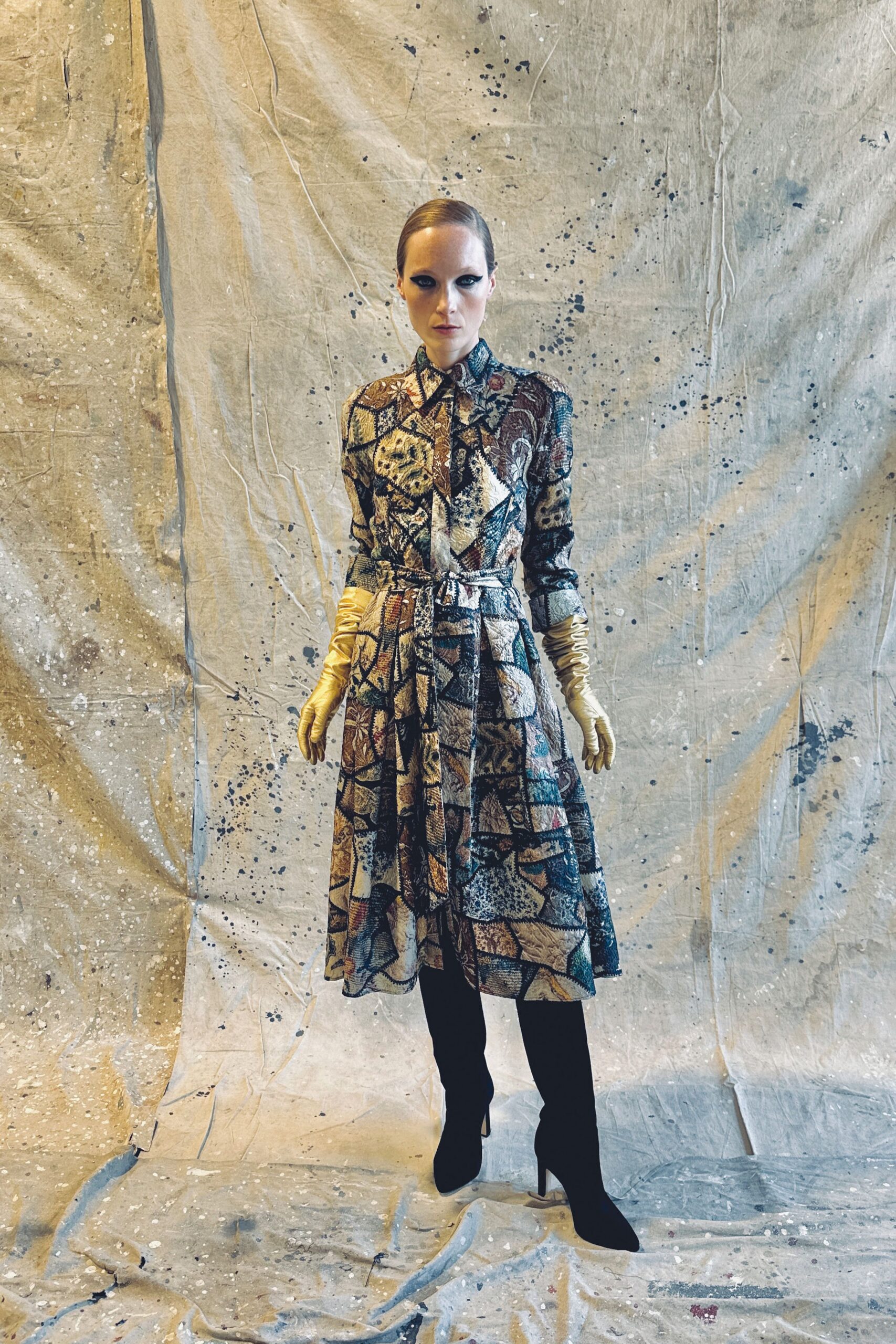 multi silk long-sleeve collared fitted pleated belted dress