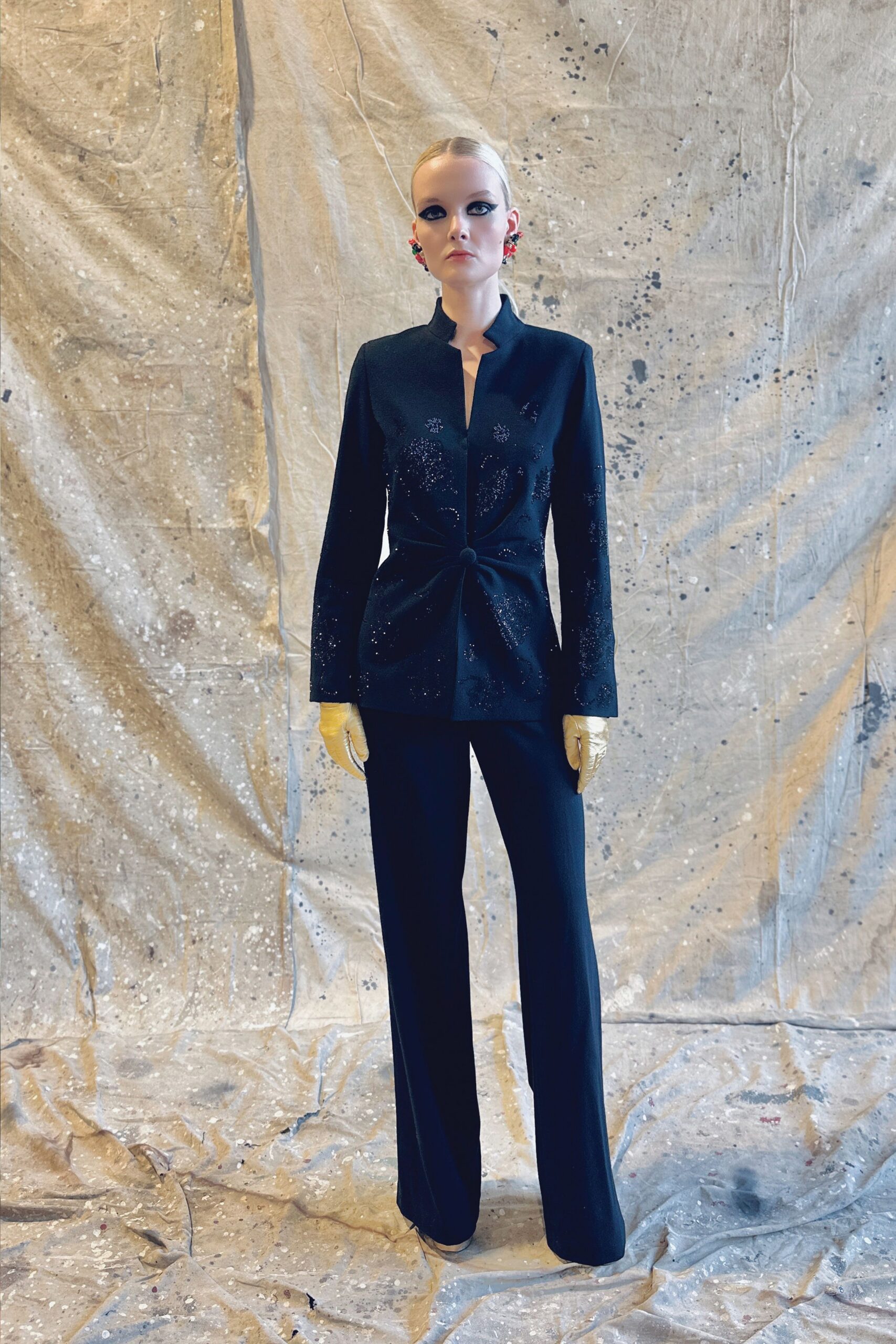 black fitted blazer and pants