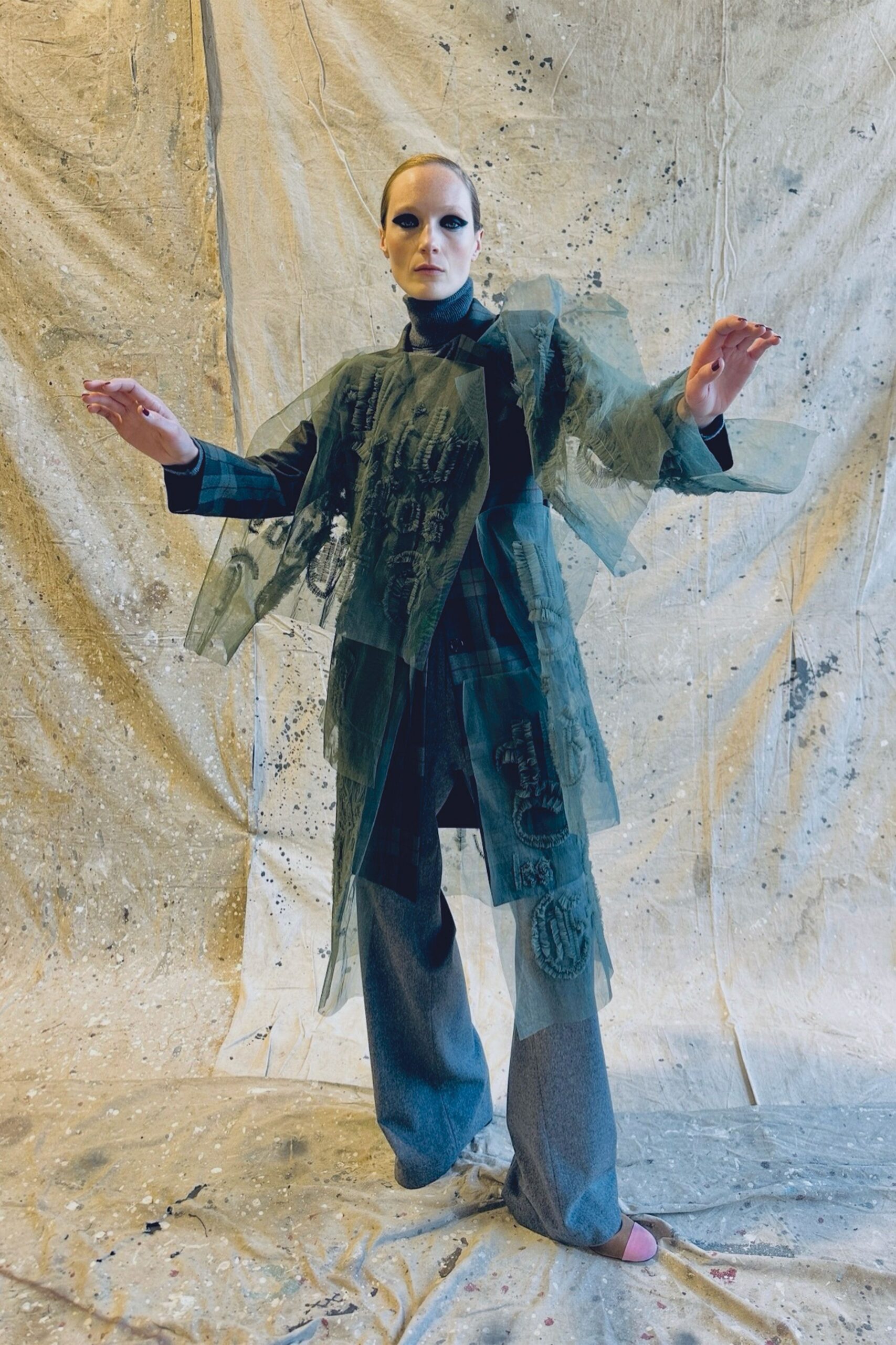 green vinyl long-sleeve collared relaxed layered embroidered jacket