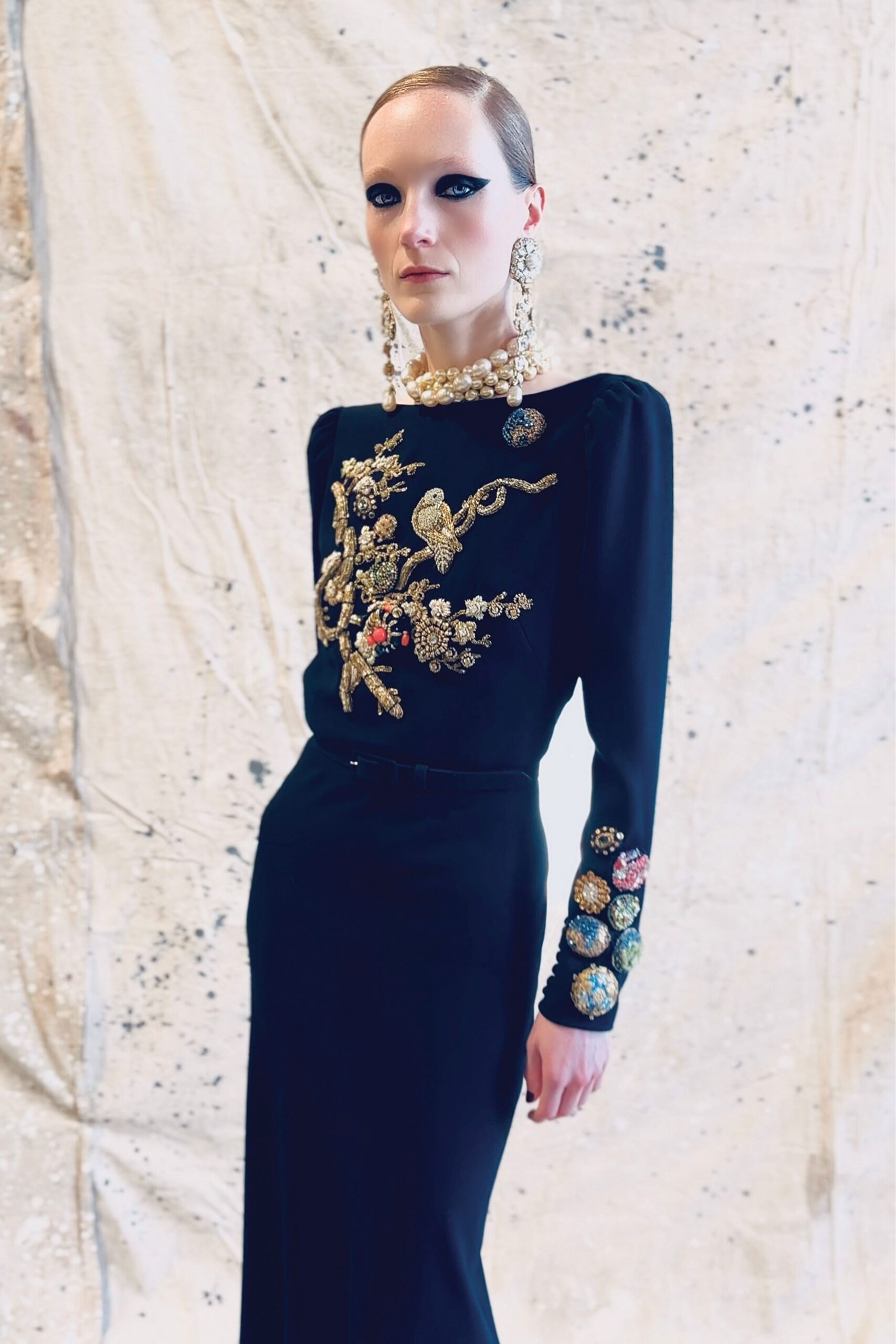 black silk embroidered gown