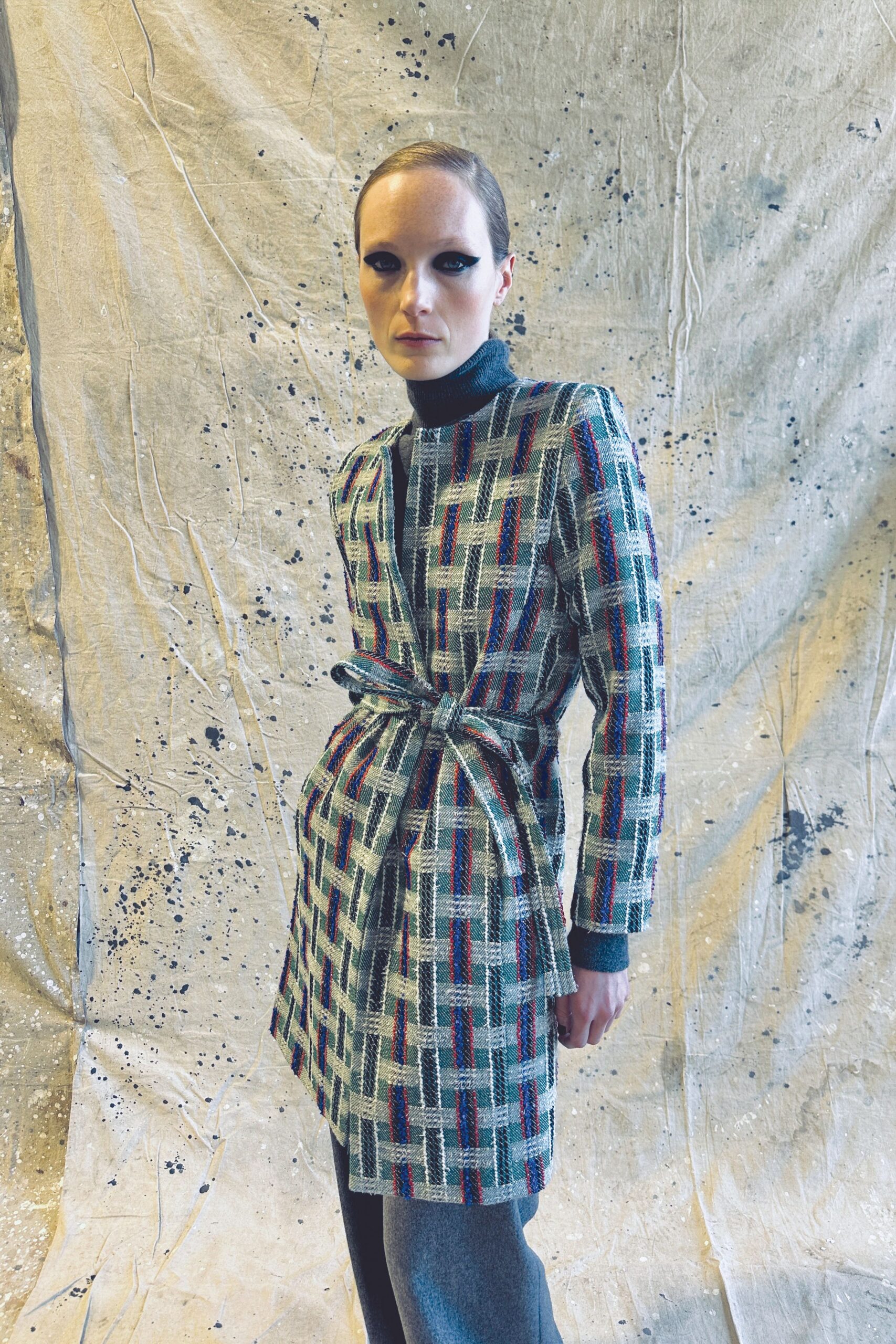 multi tweed long-sleeve collared fitted belted buttoned coat