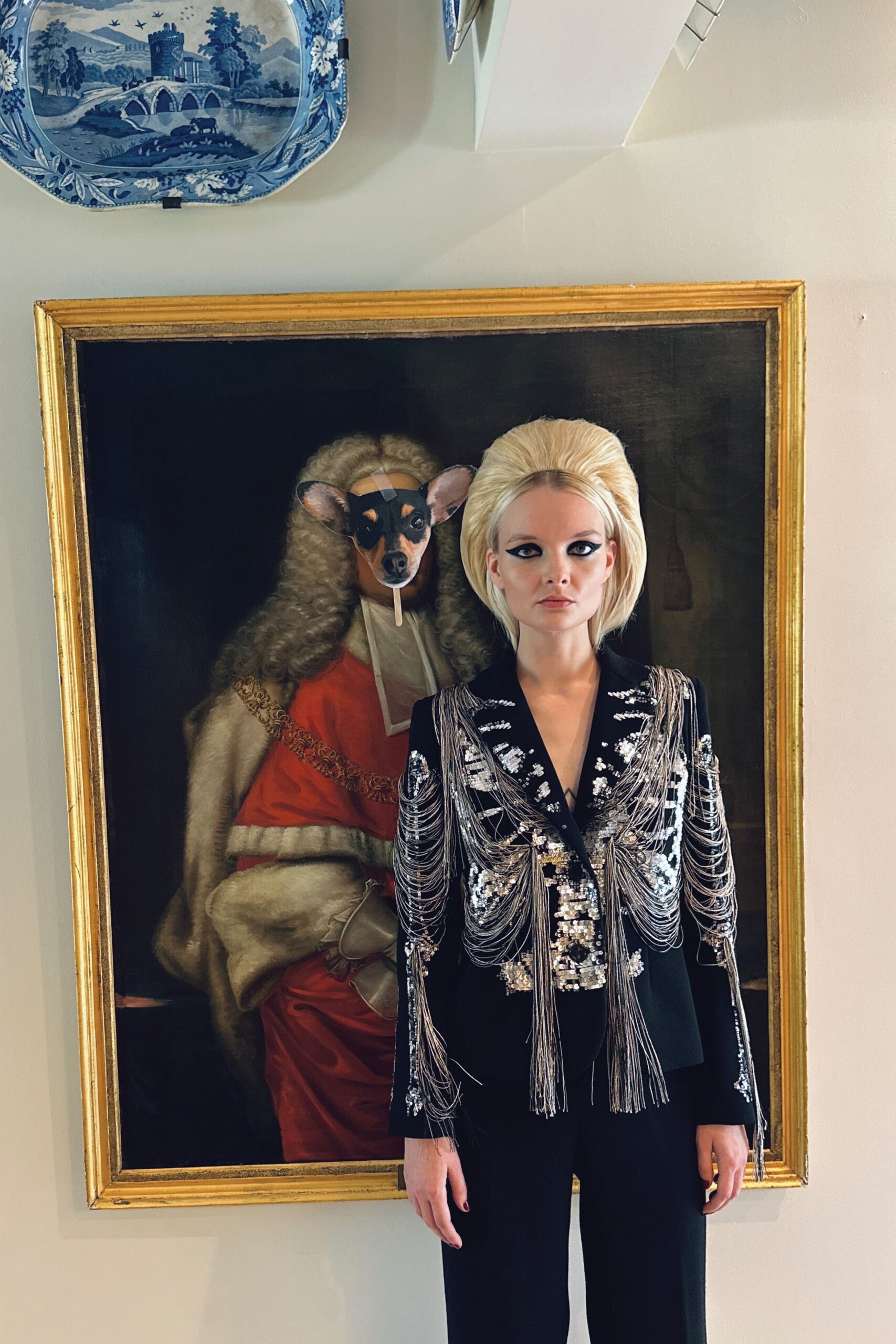 black silk long-sleeve collared fitted beaded fringed blazer