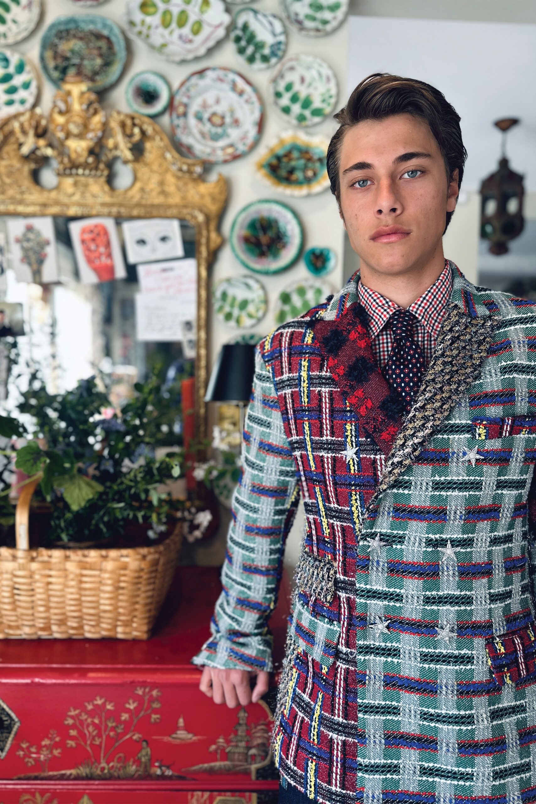 multi cotton long-sleeve collared structured checked buttoned blazer