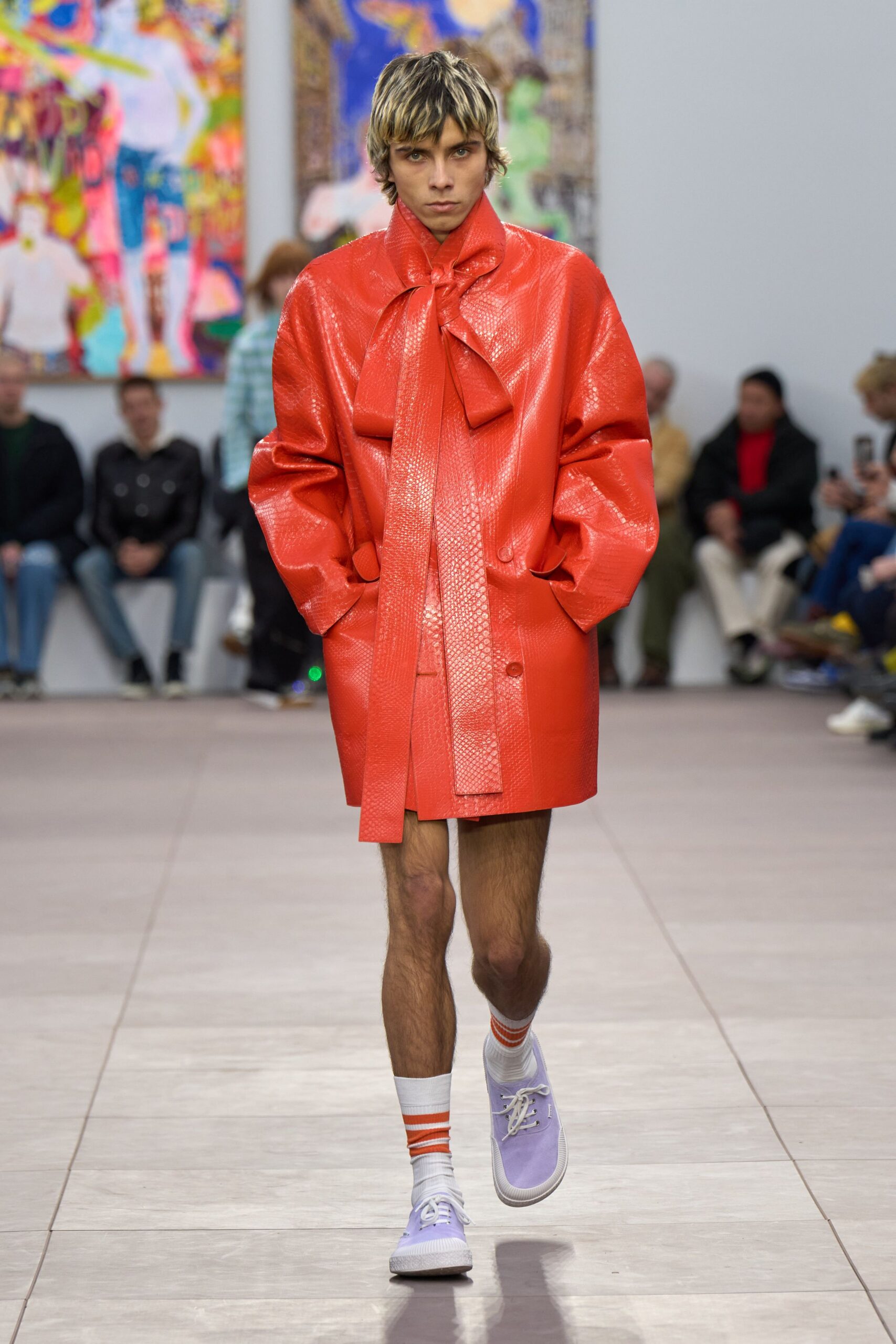 red vinyl long-sleeve collared fitted zippered shiny coat