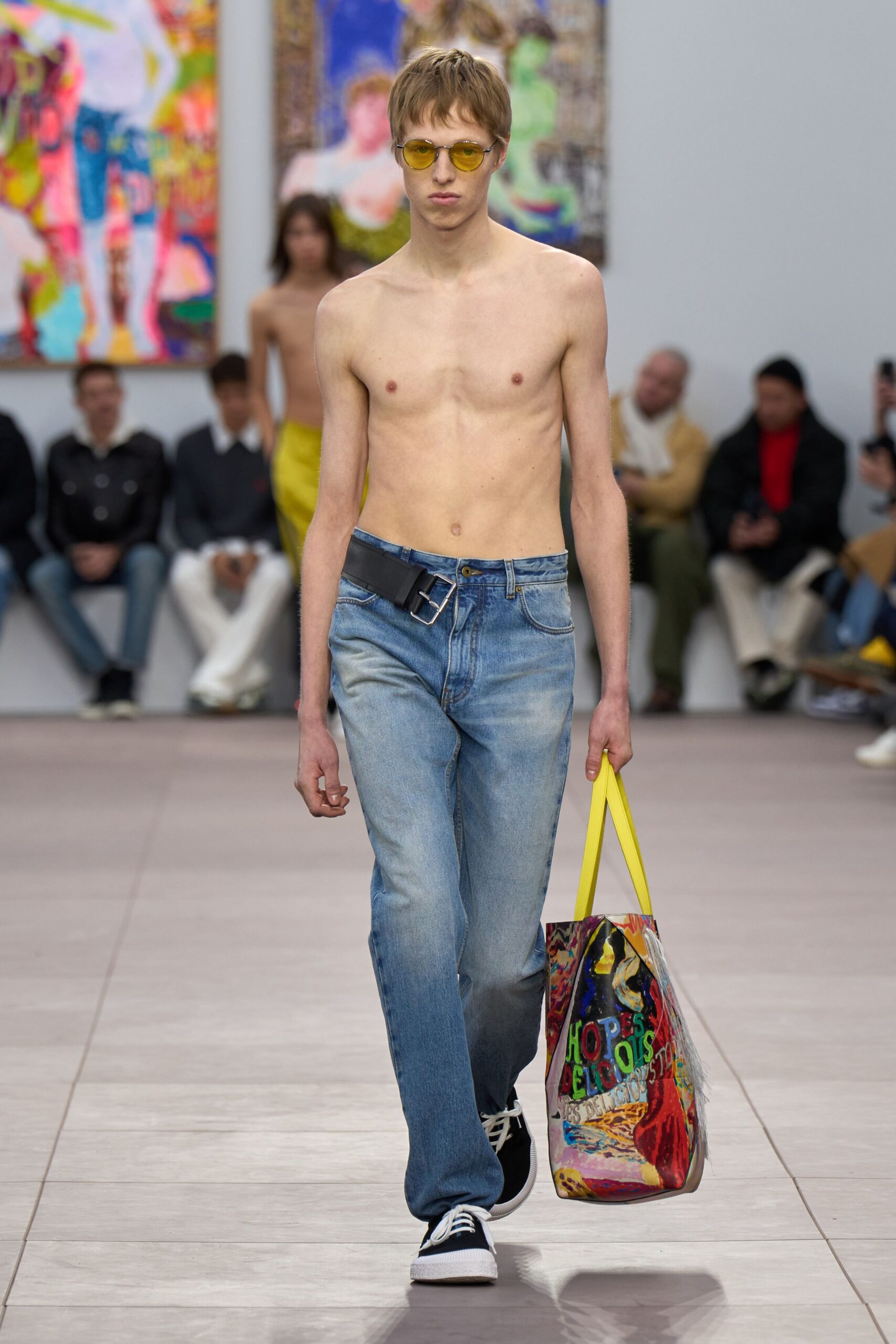 blue denim relaxed pants with accessories