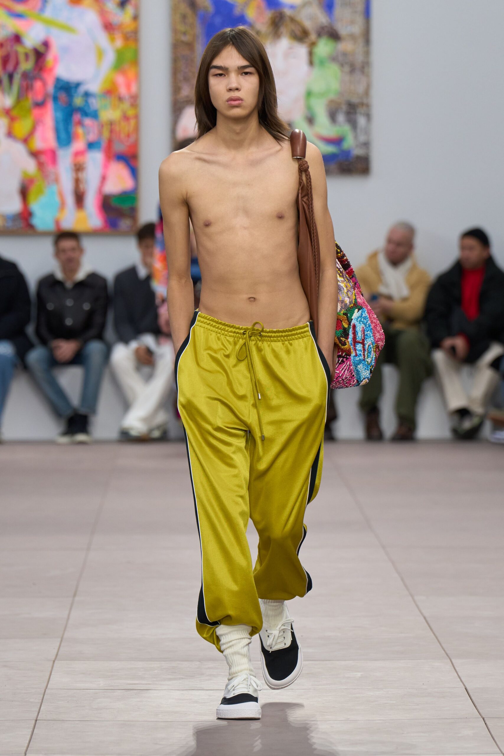 yellow relaxed pants with multi bag