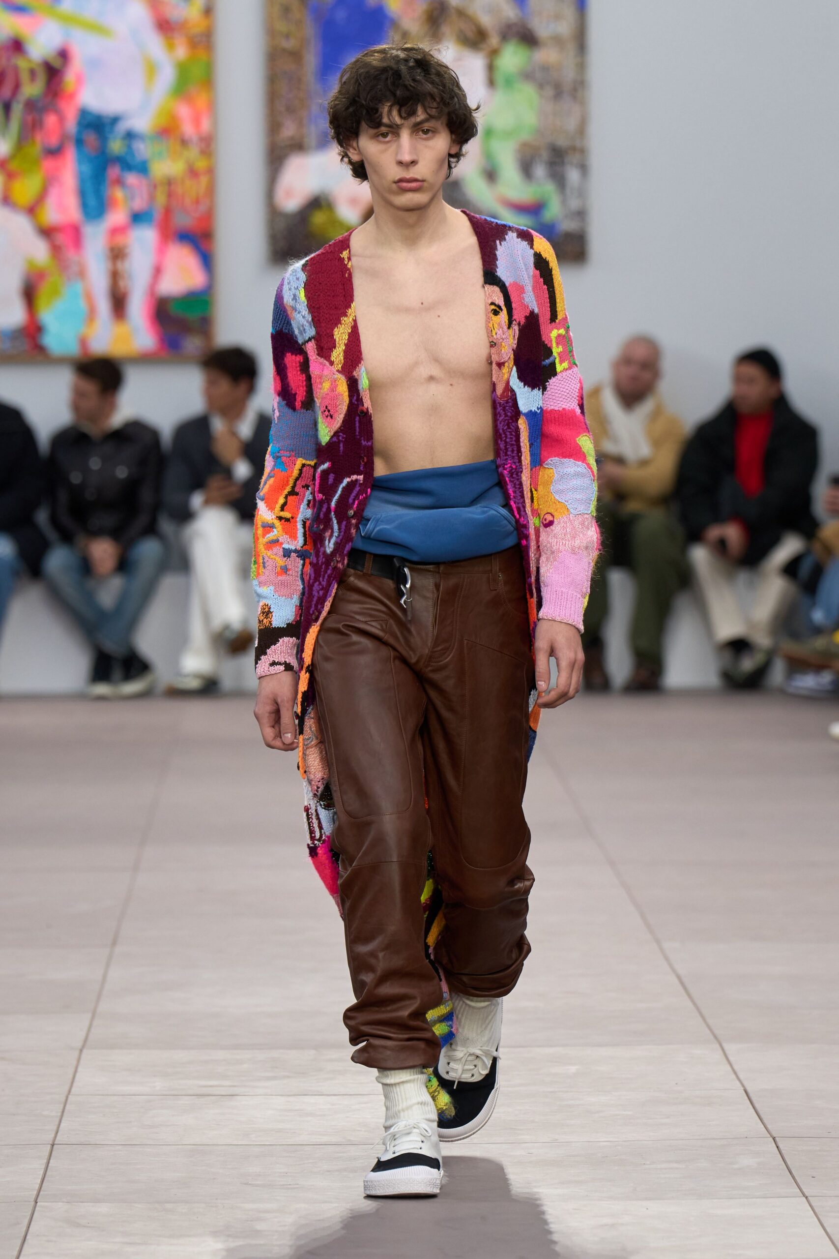 multi-colored cardigan with blue top