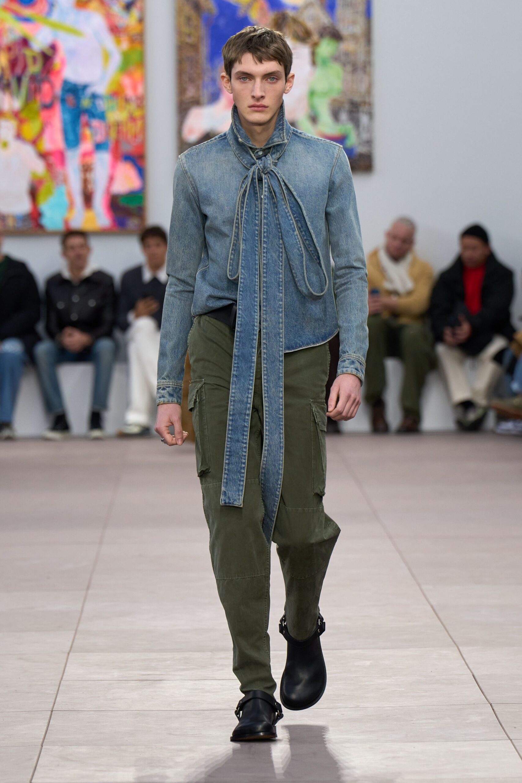 blue denim long-sleeve collared fitted zippered shirt