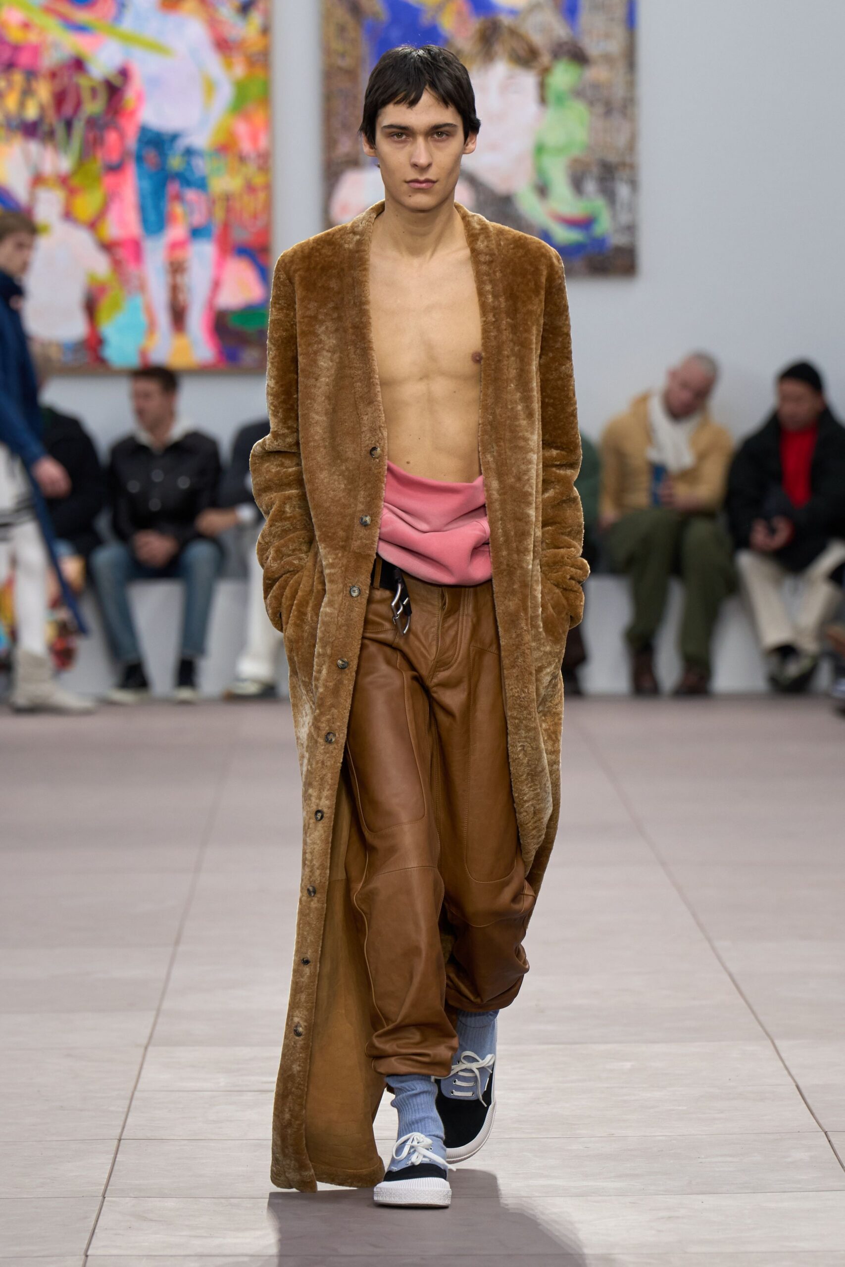 brown fur long-sleeve collared relaxed buttoned maxi coat