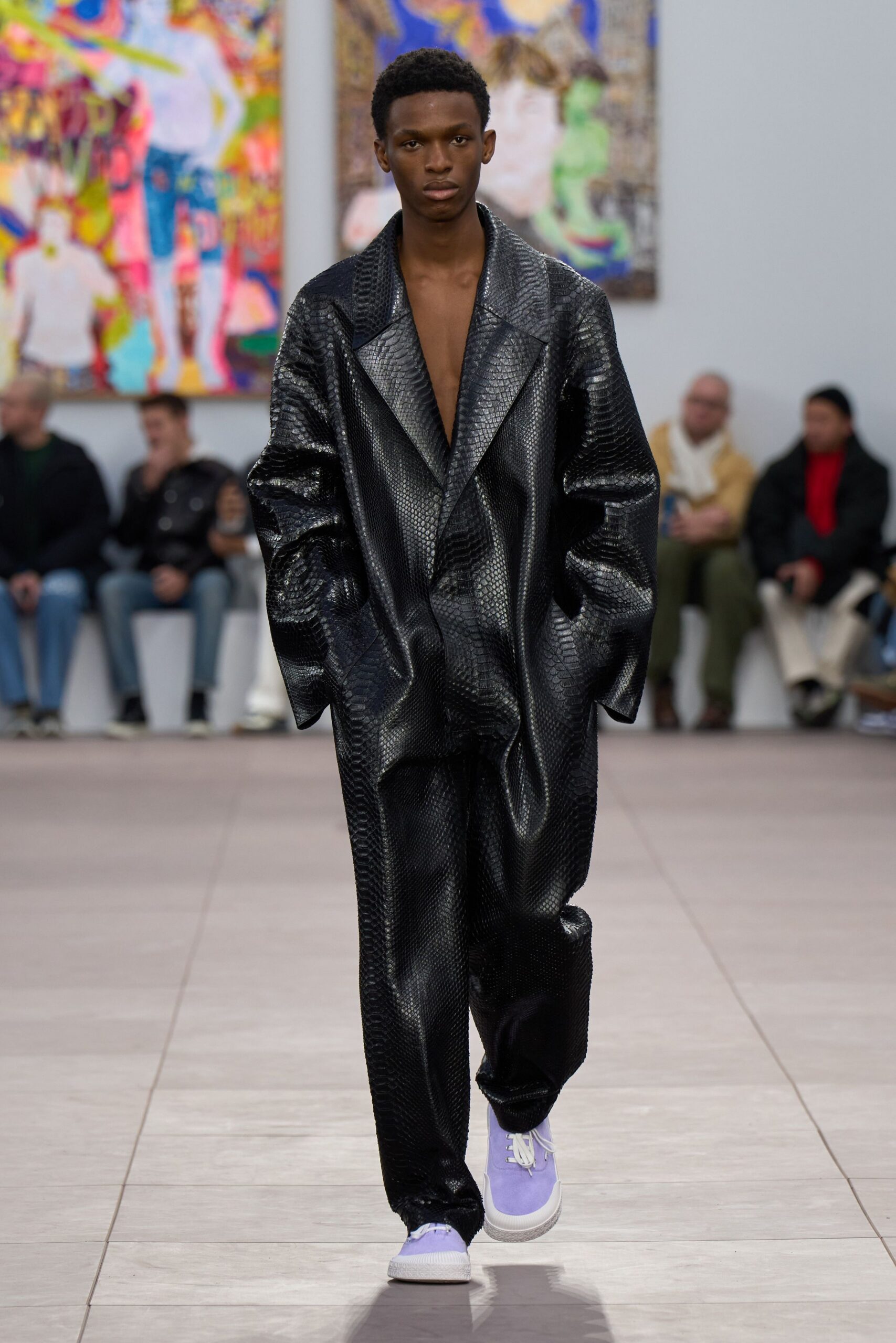 black leather long-sleeve collared oversized textured suit