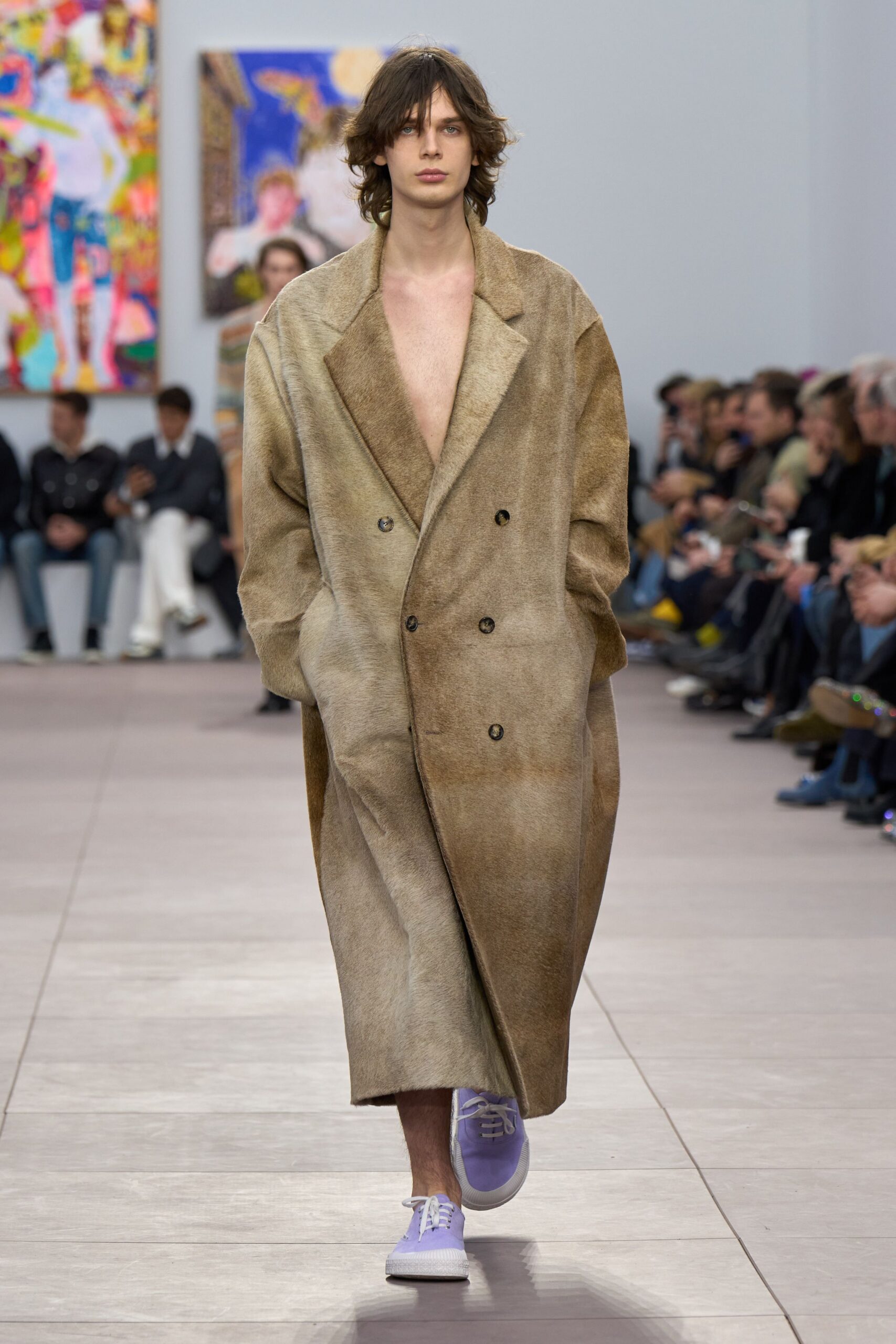 brown fur long-sleeve collared oversized draped maxi coat