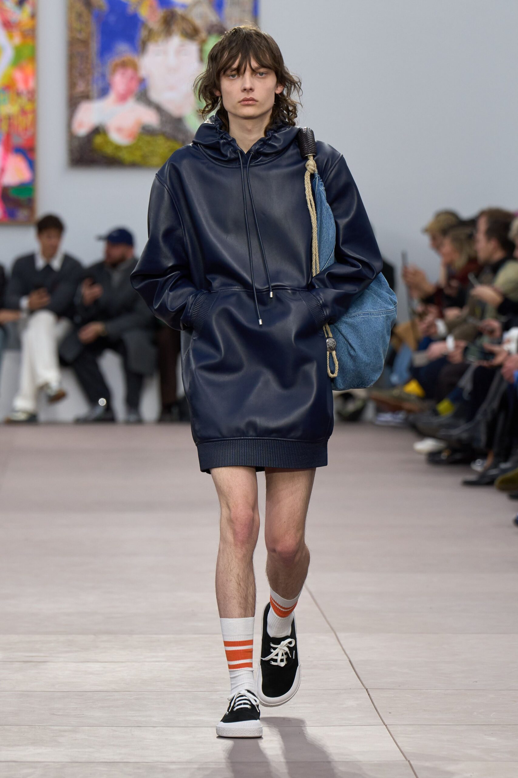 blue vinyl long-sleeve hooded oversized short hoodie