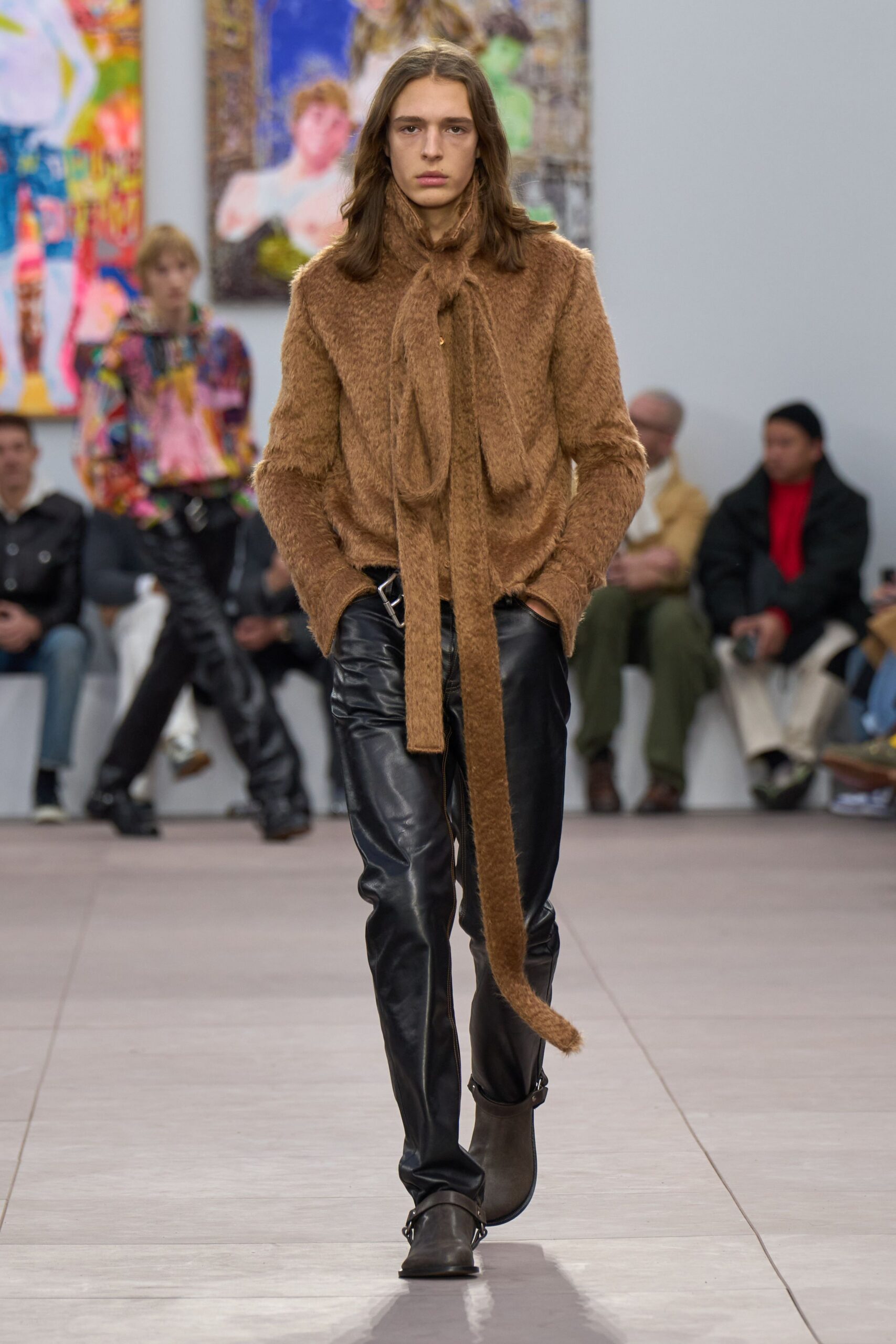 brown wool fitted top with black leather pants