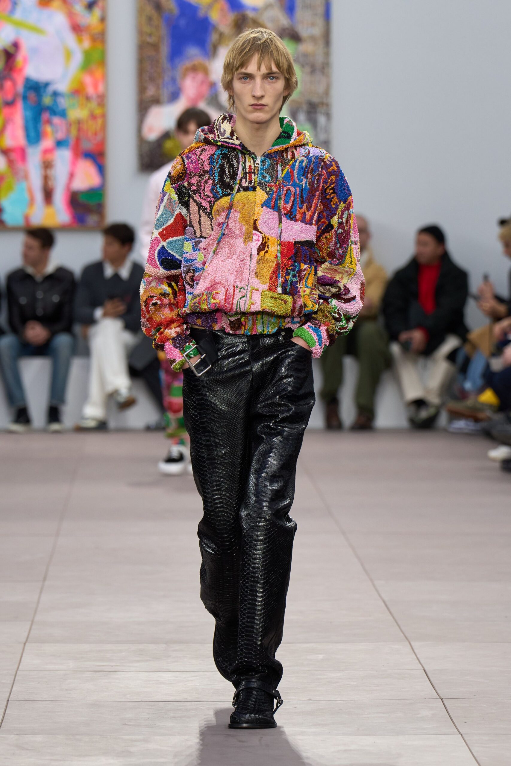 multi-colored hoodie with black pants