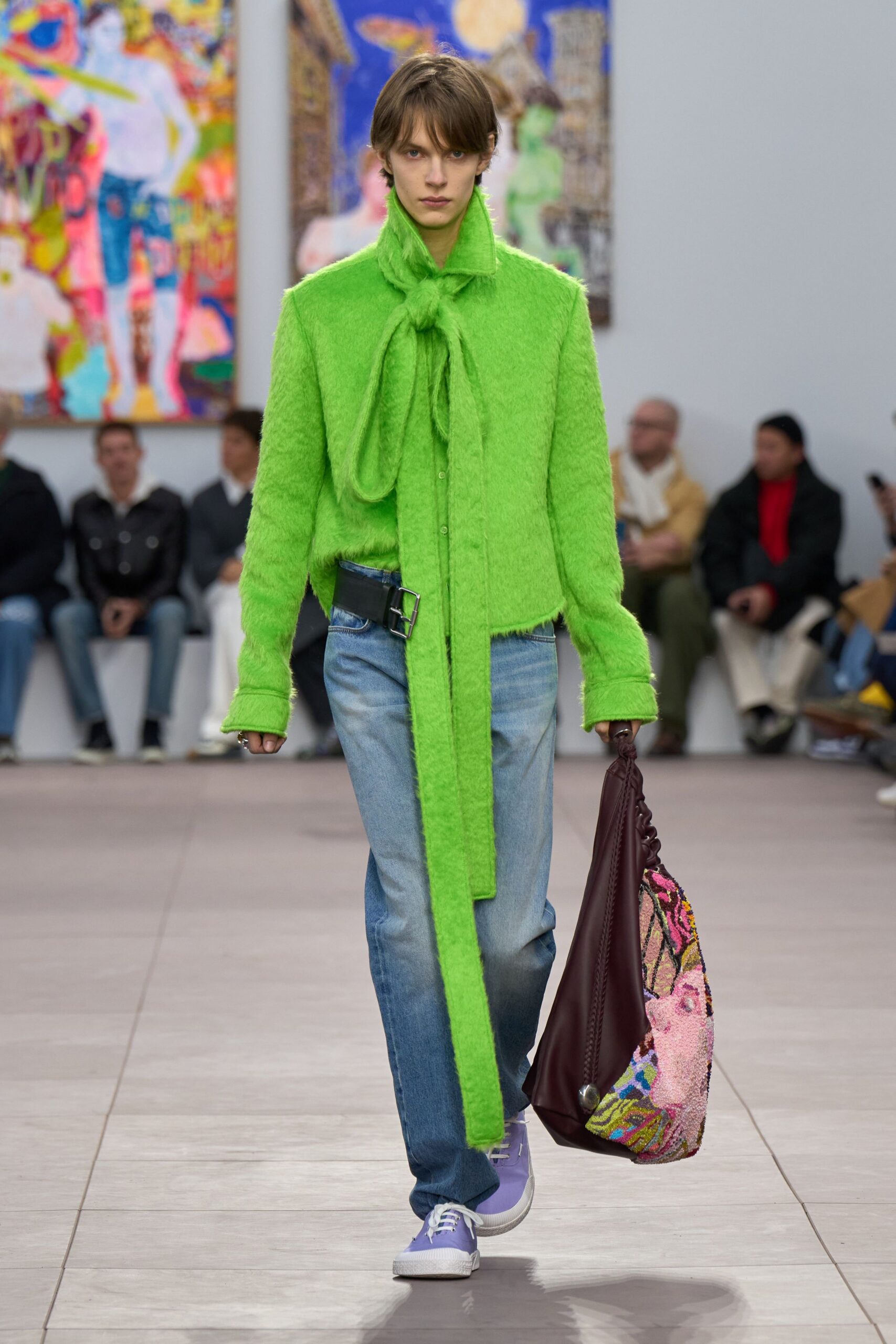 green wool long-sleeve collared relaxed layered jacket