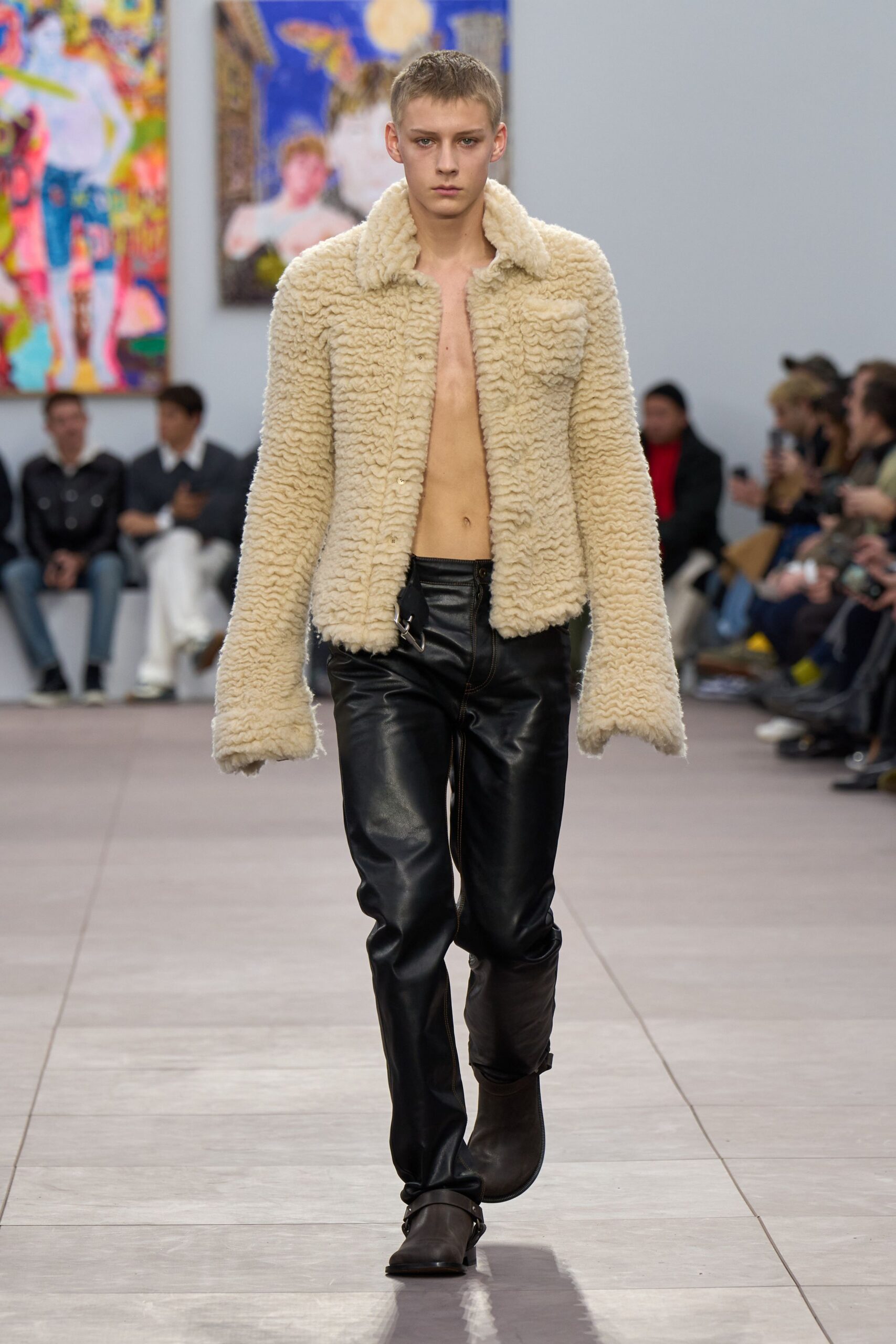 beige faux-fur jacket black leather pants