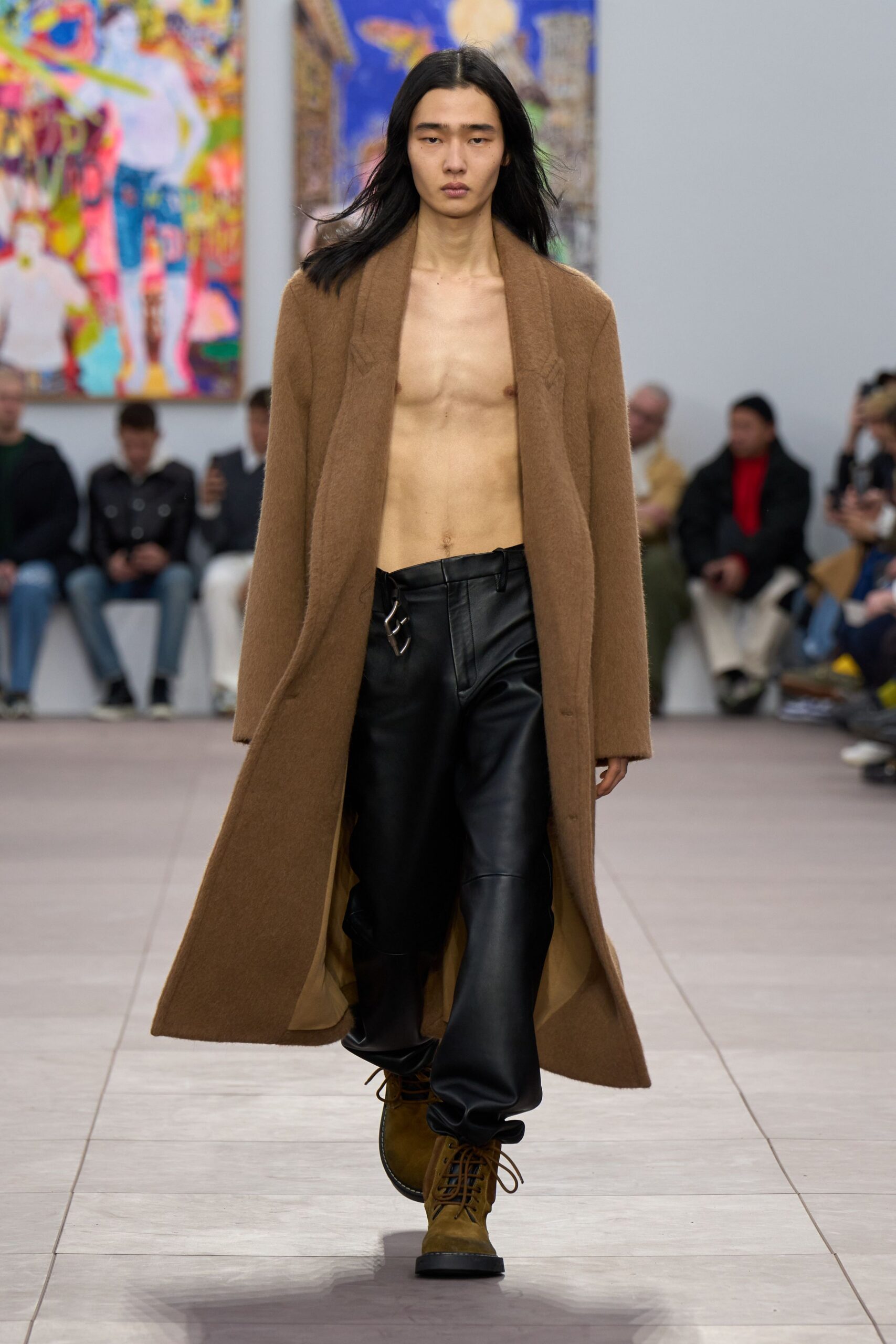 brown wool long-sleeve relaxed maxi coat