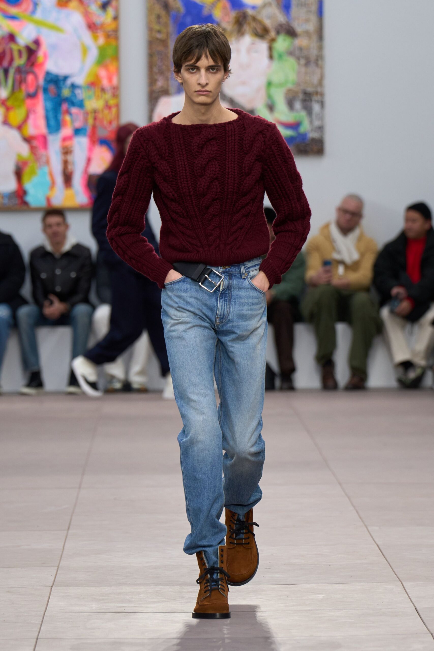red wool long-sleeve collared fitted sweater