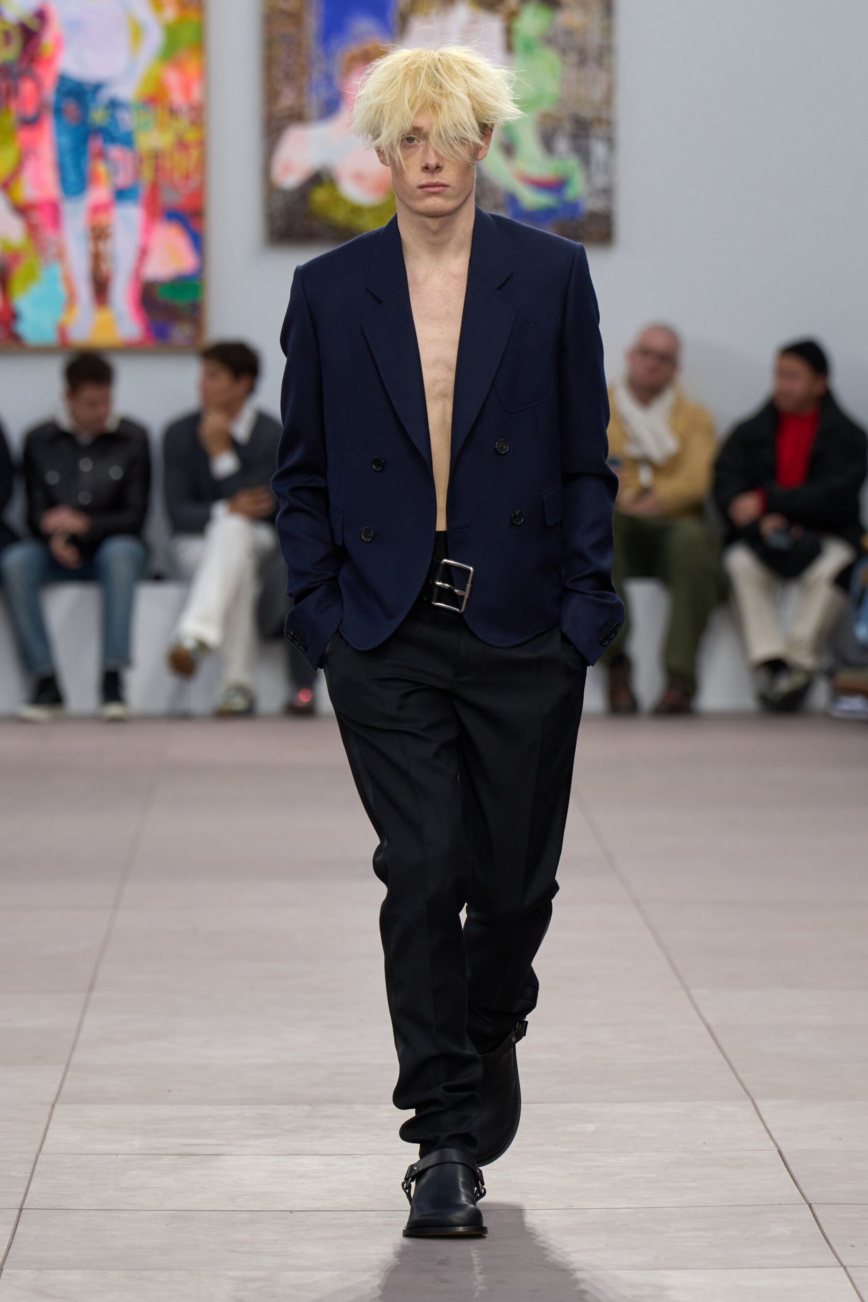 blue tailored blazer with black pants