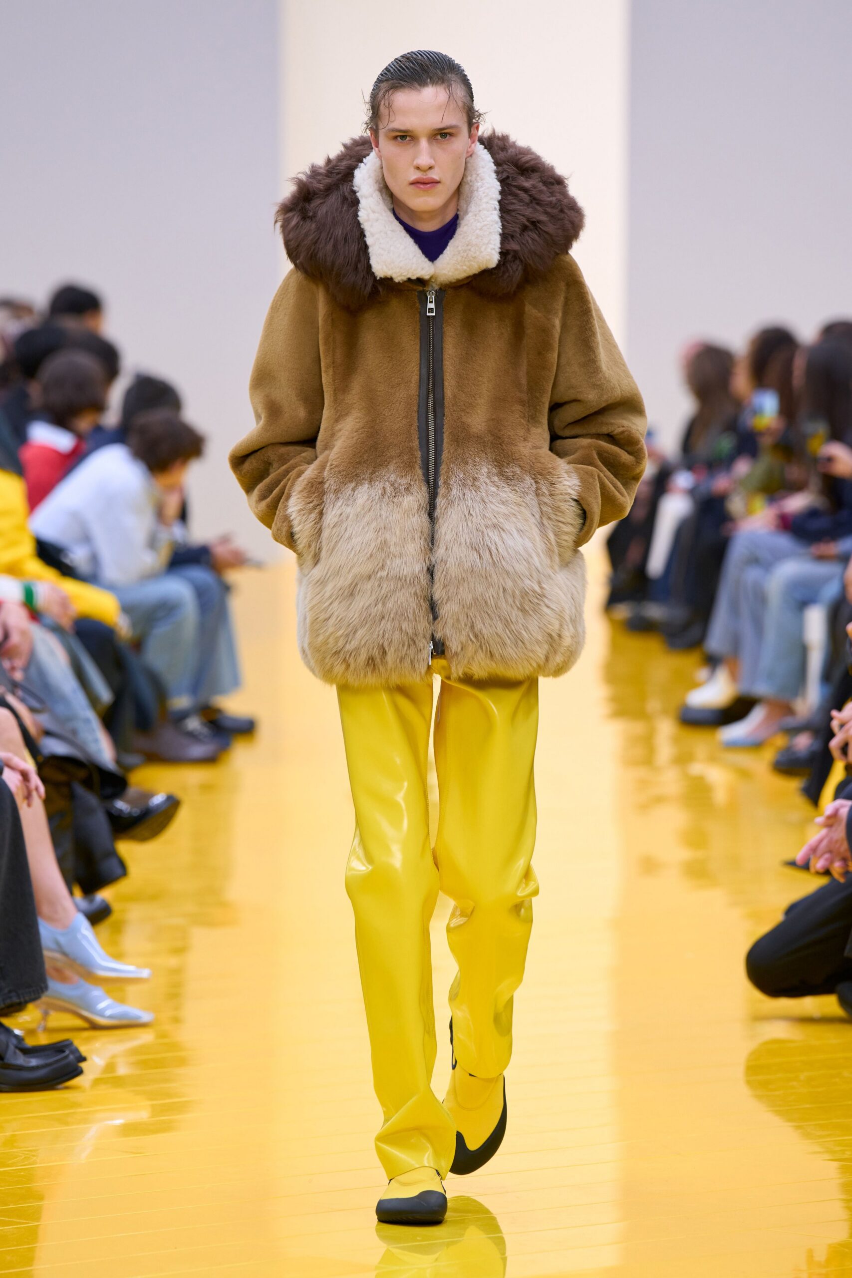 brown fur coat yellow pants