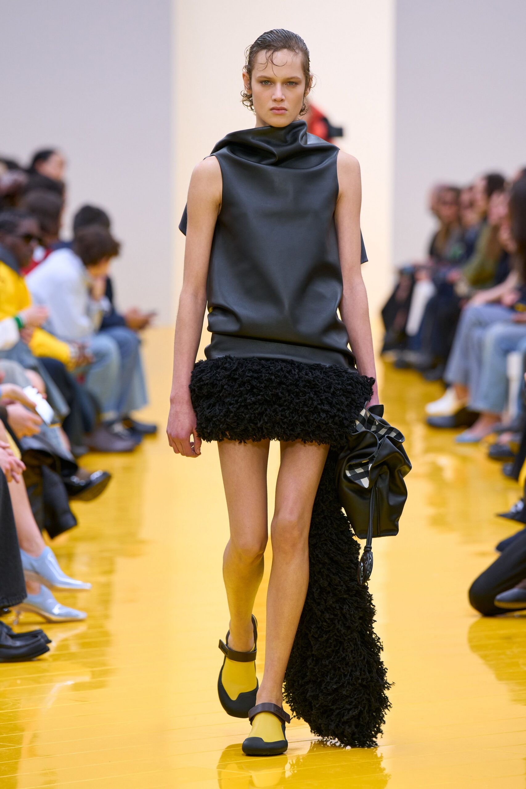 black leather top with faux-fur skirt