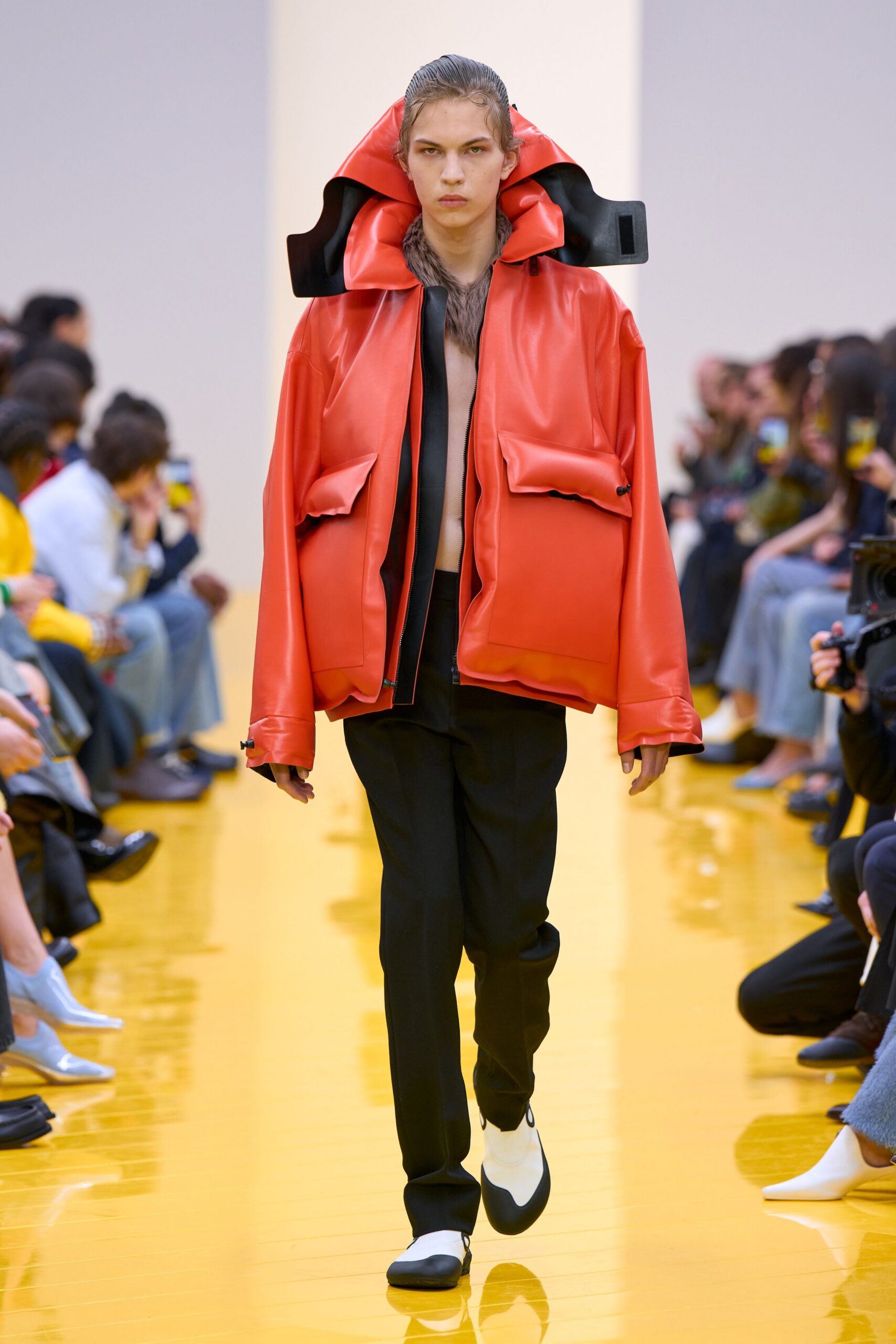red vinyl long-sleeve hooded oversized pockets jacket