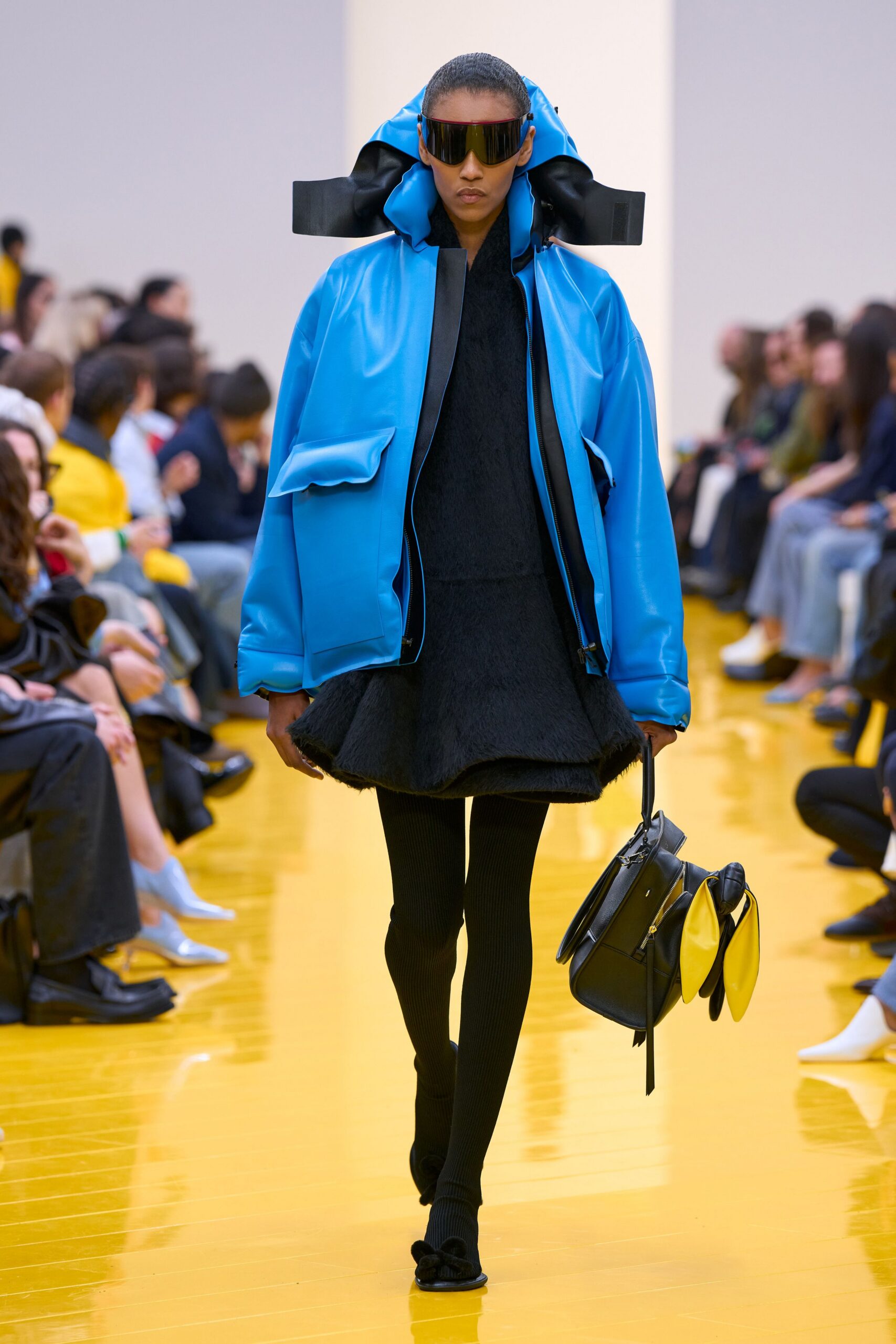 blue oversized jacket black mini dress