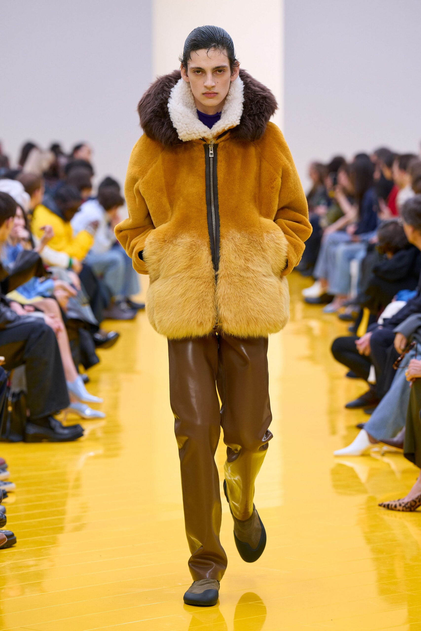 brown fur jacket with vinyl pants