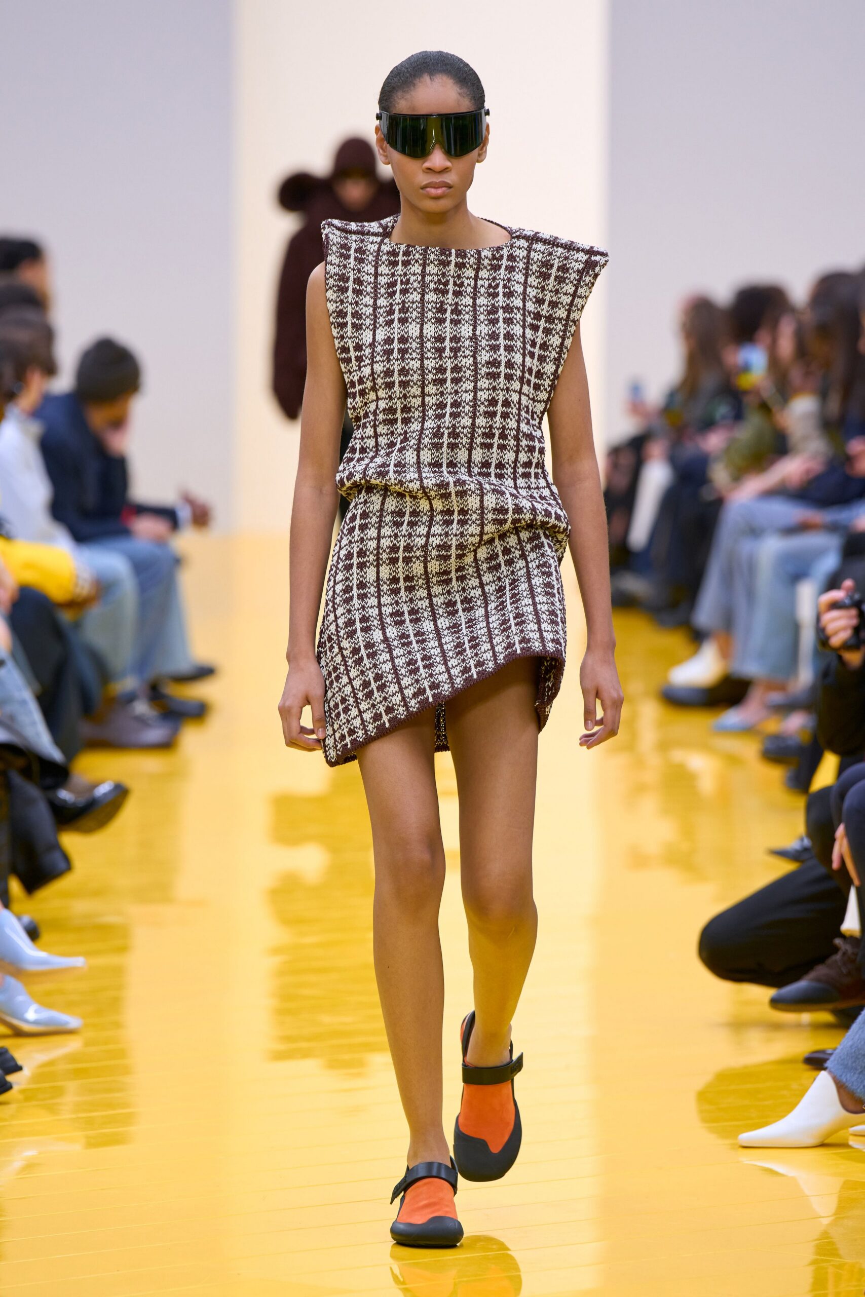 asymmetric checked mini dress