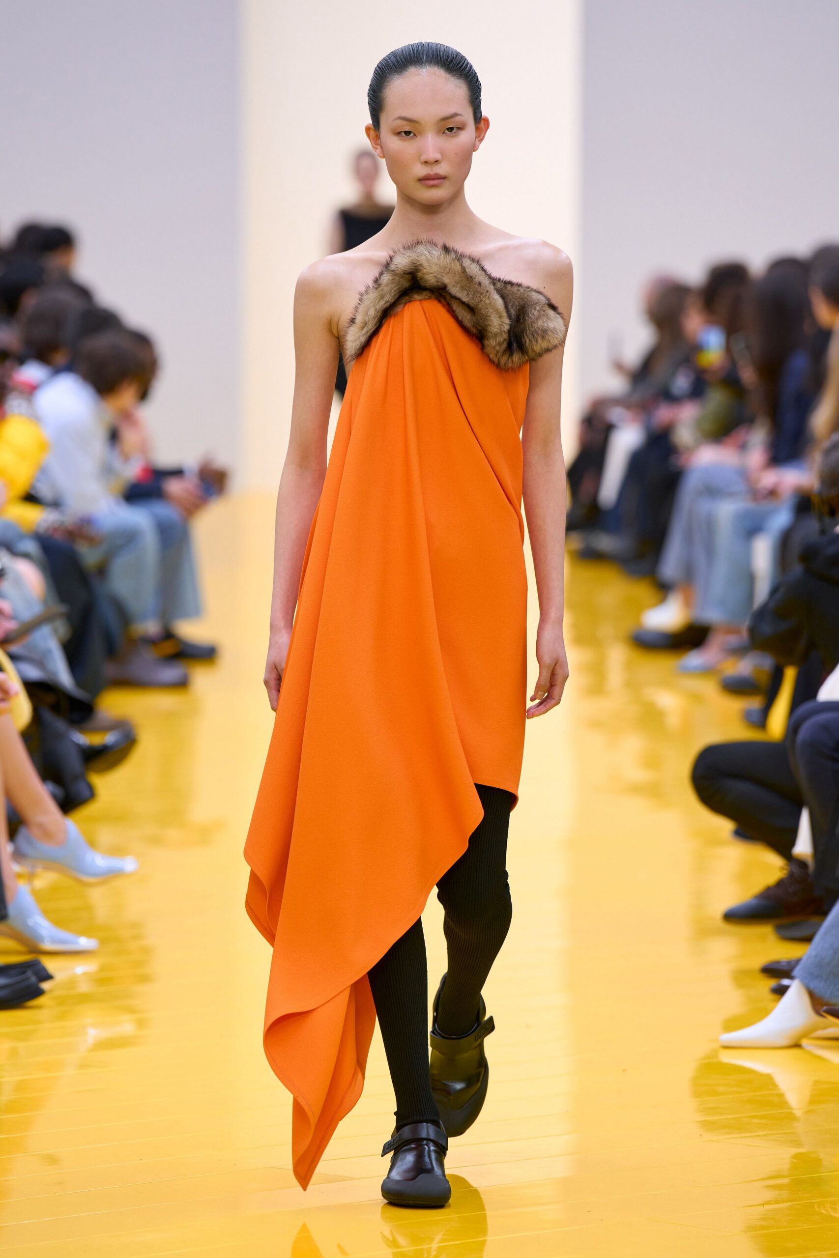 orange draped off-shoulder dress