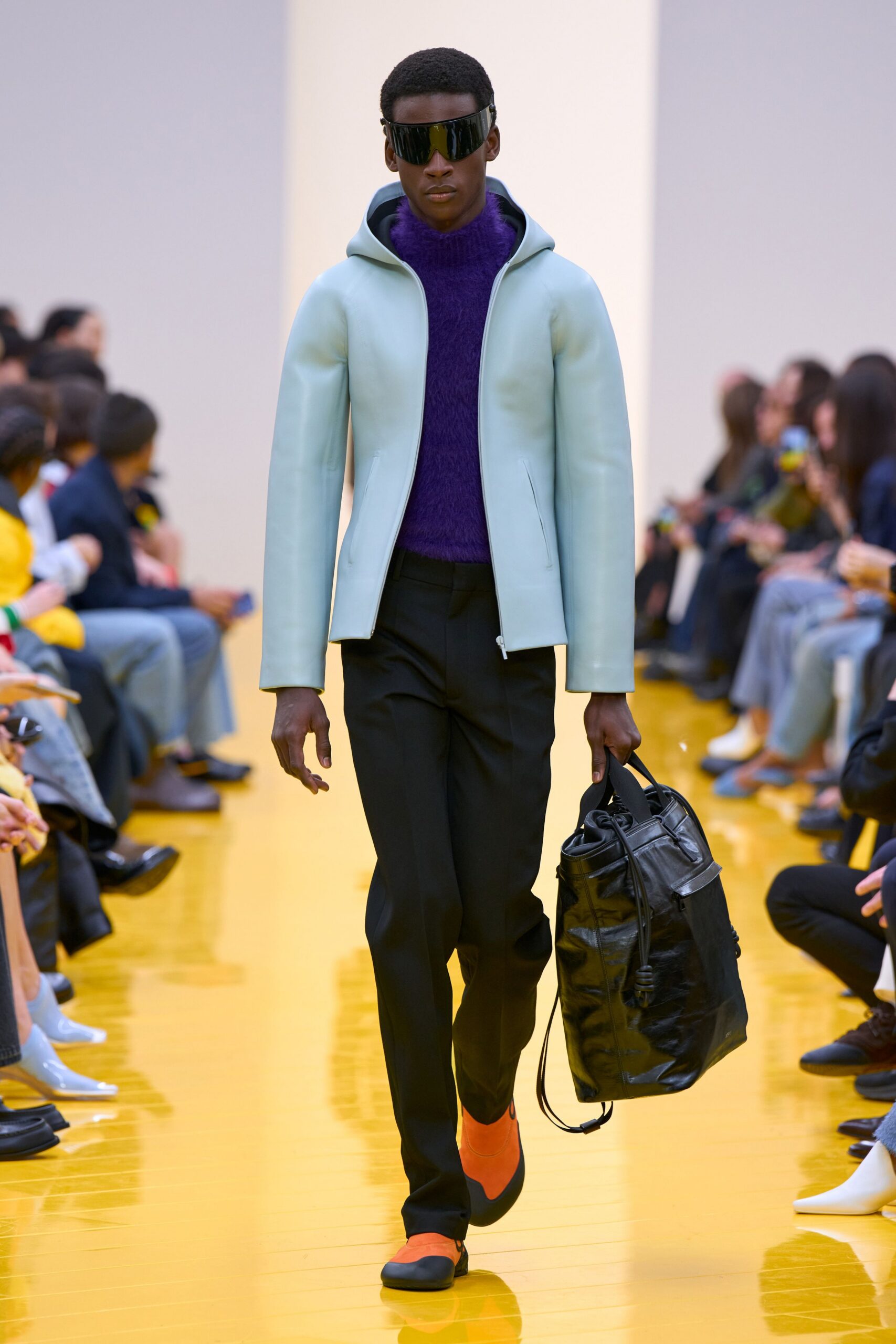 light blue hooded jacket with purple sweater