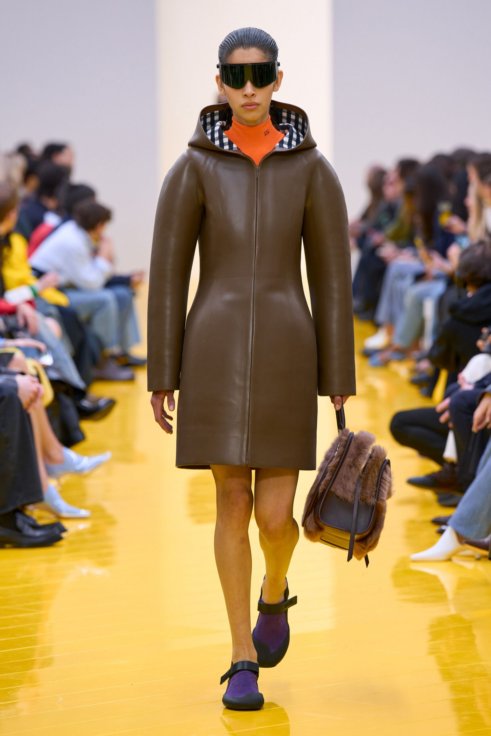 brown leather hooded coat