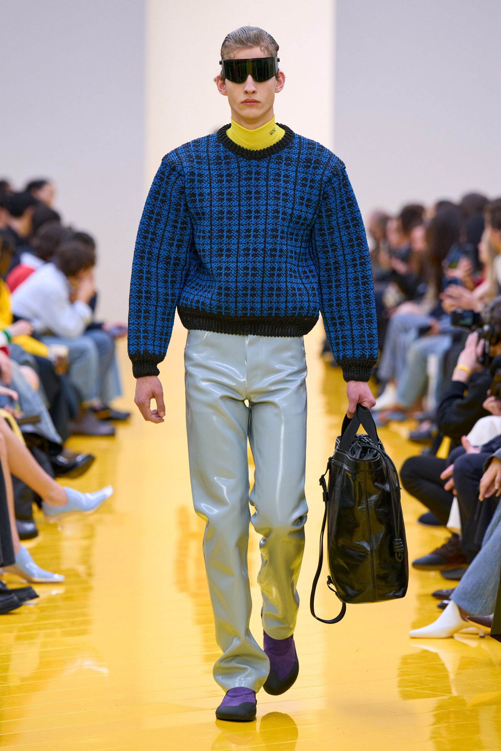 blue wool relaxed sweater with silver pants